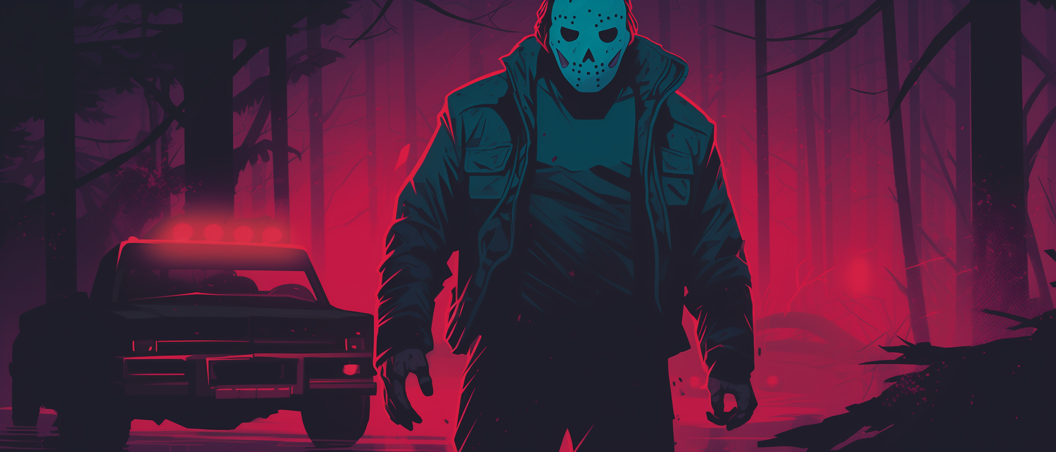 Jason Voorhees in red themed woods.