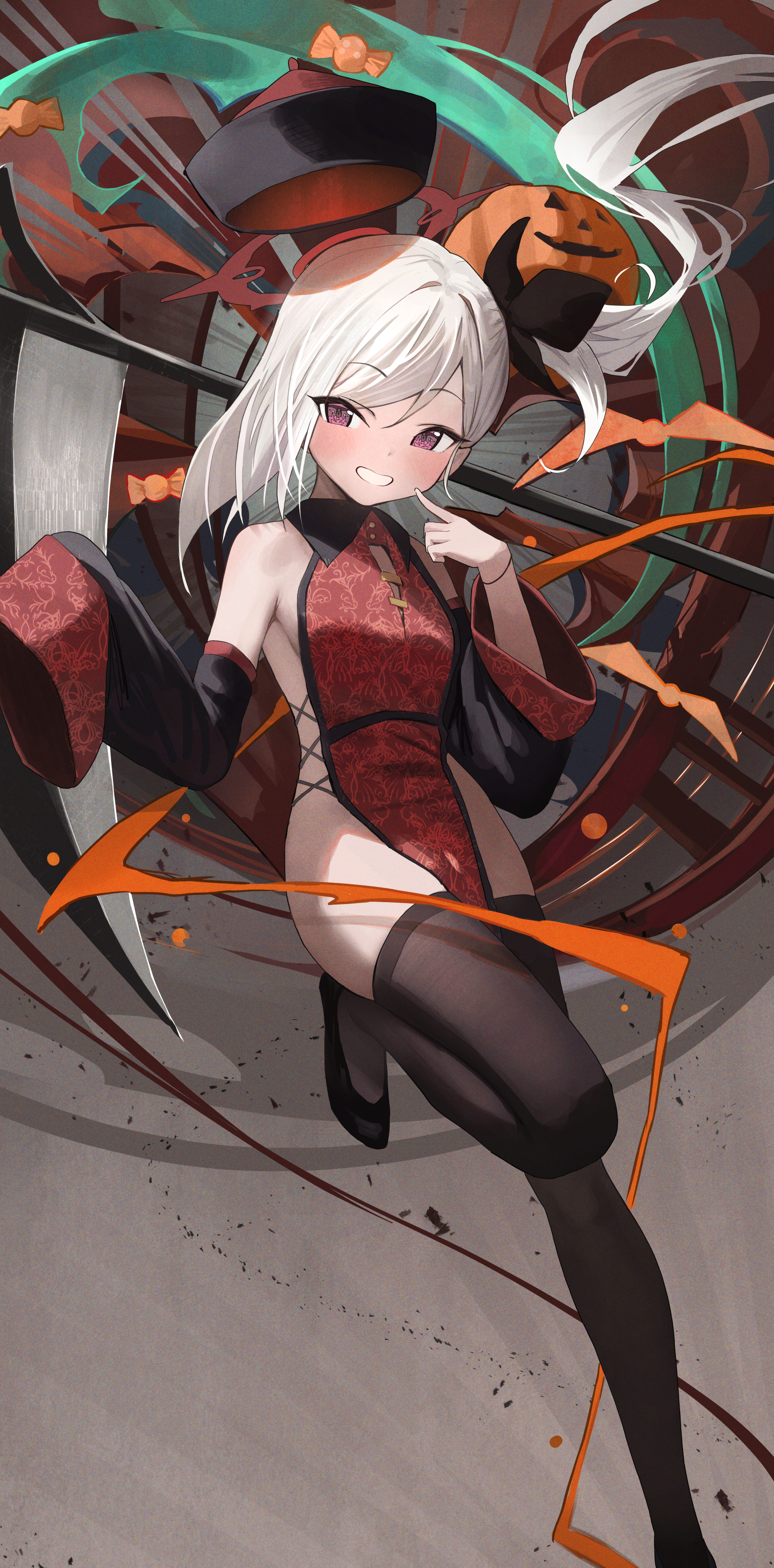 Anime 1625x3292 Asagi Mutsuki (Blue Archive) portrait display red eyes white hair fan art anime girls Blue Archive stockings Chinese clothing looking at viewer blushing smiling bare shoulders thighs sideboob hat pumpkin Halloween candy