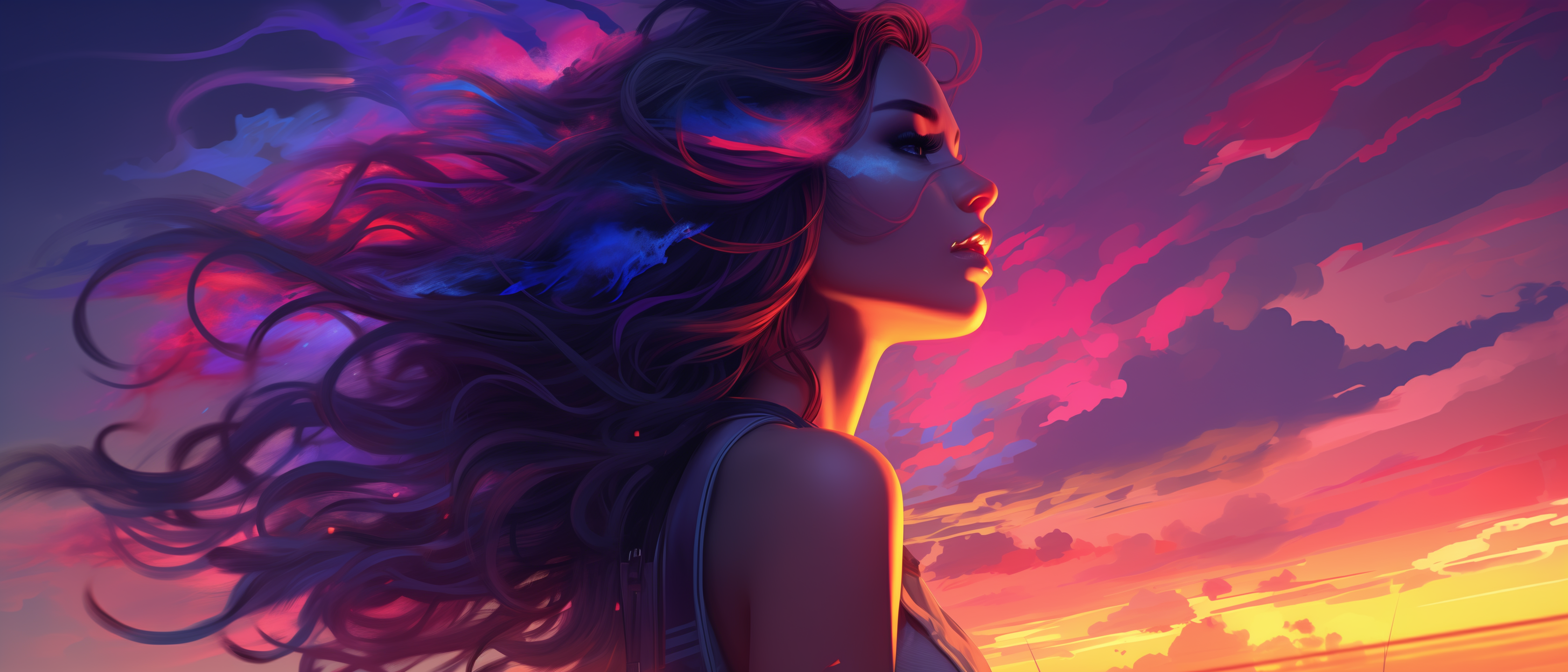 General 3360x1440 sunset synthwave digital art women hair blowing in the wind wind sky clouds sunset glow looking away AI art profile