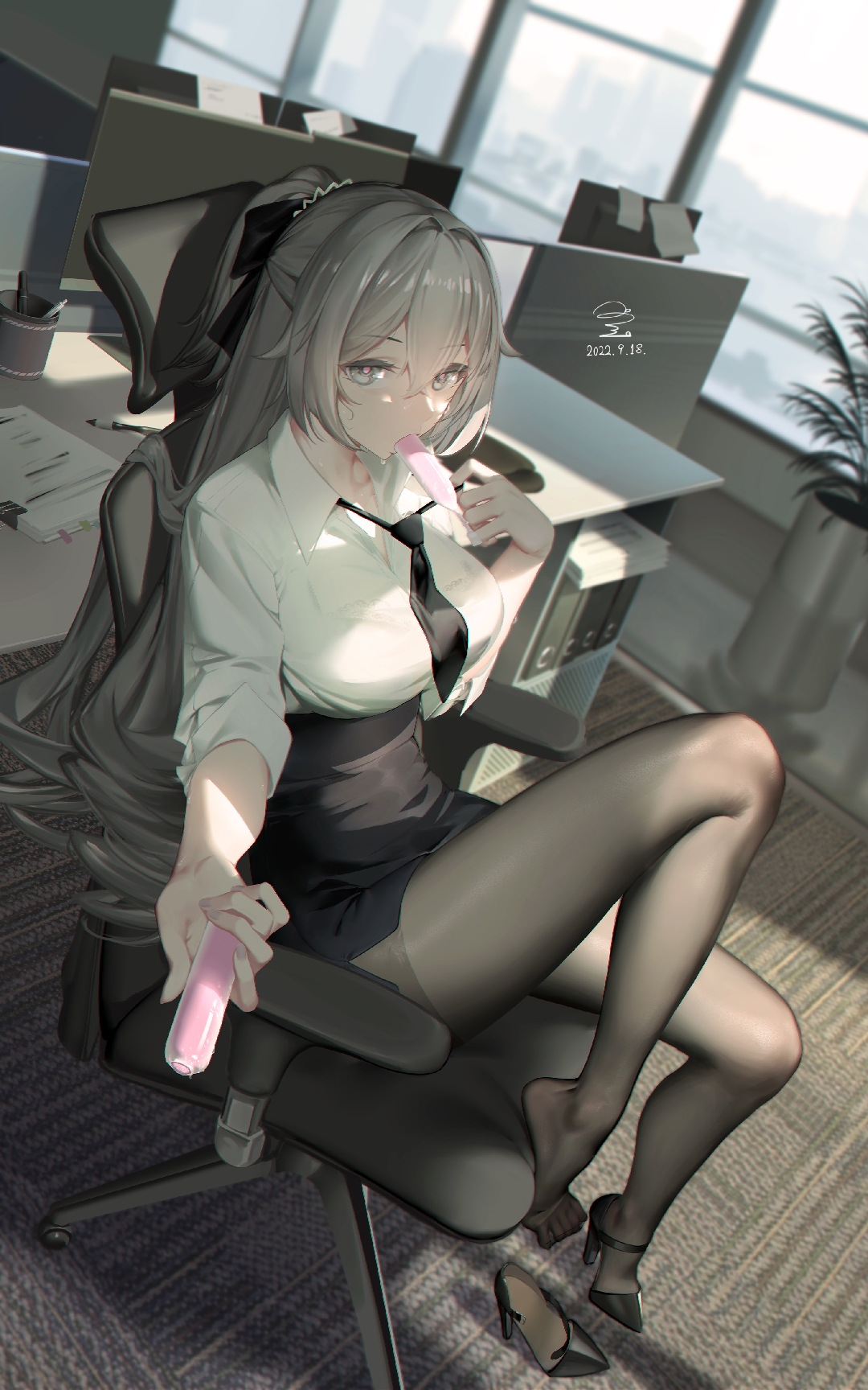 Anime 1080x1728 Honkai Impact 3rd chair anime girls long hair pantyhose office office girl office chair desk suggestive sitting carpet window blue eyes heels pointed toes feet looking at viewer portrait display signature