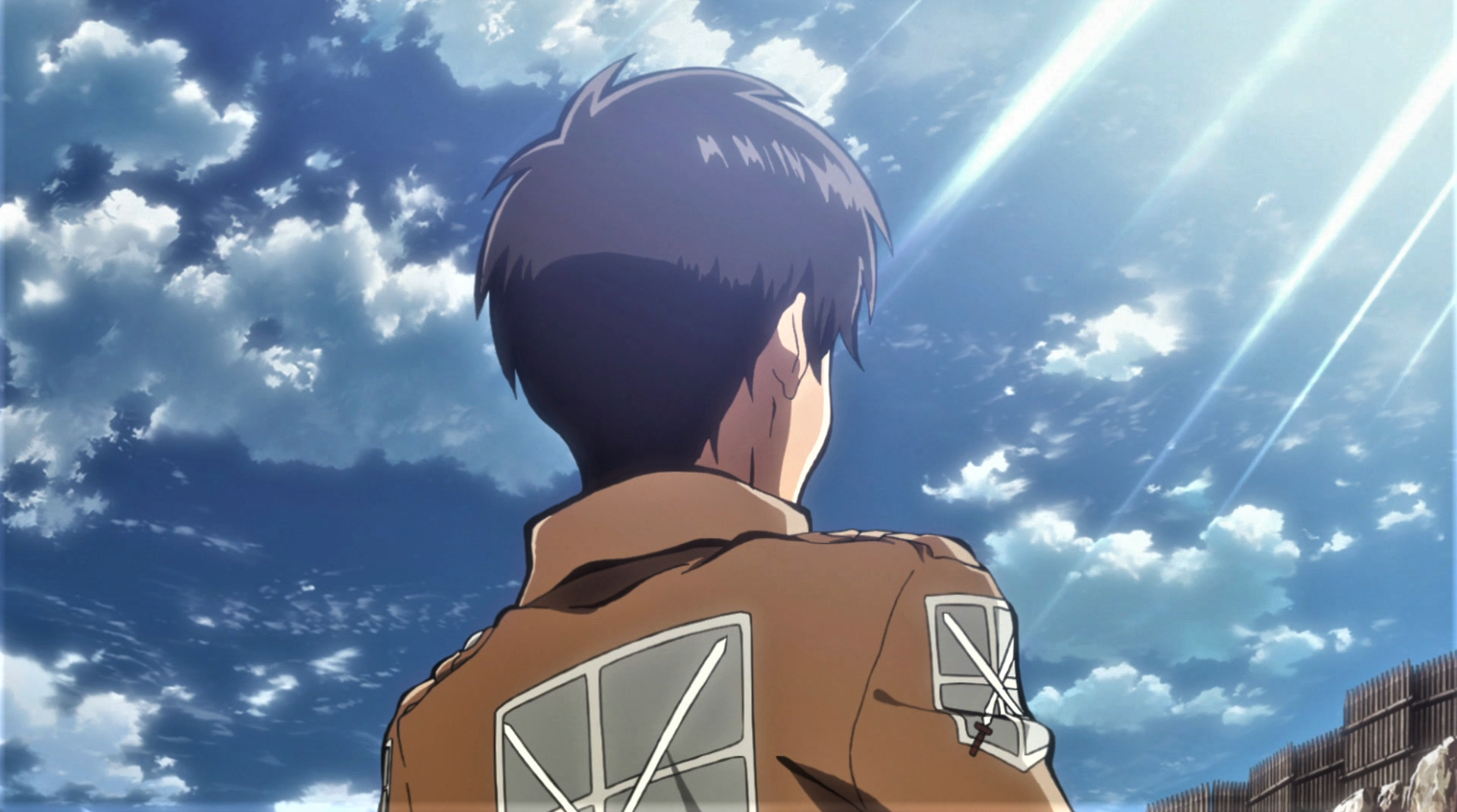 Anime 1920x1070 Shingeki no Kyojin Eren Jeager sword sunlight sky clouds anime Anime screenshot Scout Regiment uniform anime boys