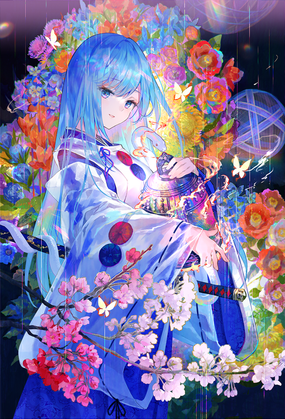 Anime 908x1333 anime Pixiv anime girls long hair blue hair blue eyes portrait display flowers kimono sword weapon snake animals butterfly