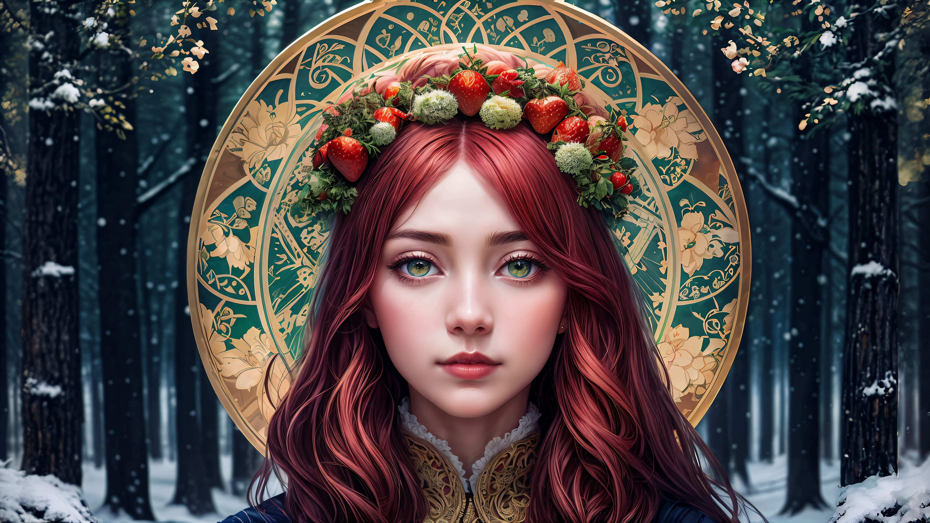 General 3840x2160 AI art women forest winter culture green eyes Heritage mythology portrait redhead Stable Diffusion 4K photopea DeviantArt frontal view snow looking at viewer long hair trees