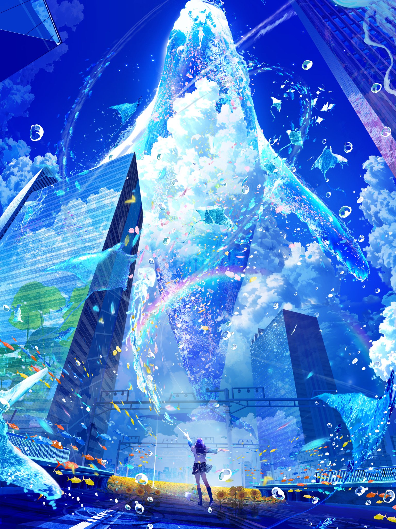 Anime 1536x2048 makoron117 cityscape city portrait display anime girls building schoolgirl school uniform cumulus rainbows water water drops clouds flying whales whale crosswalk bubbles sunflowers manta rays low-angle knee-highs petals street traffic lights fish animals