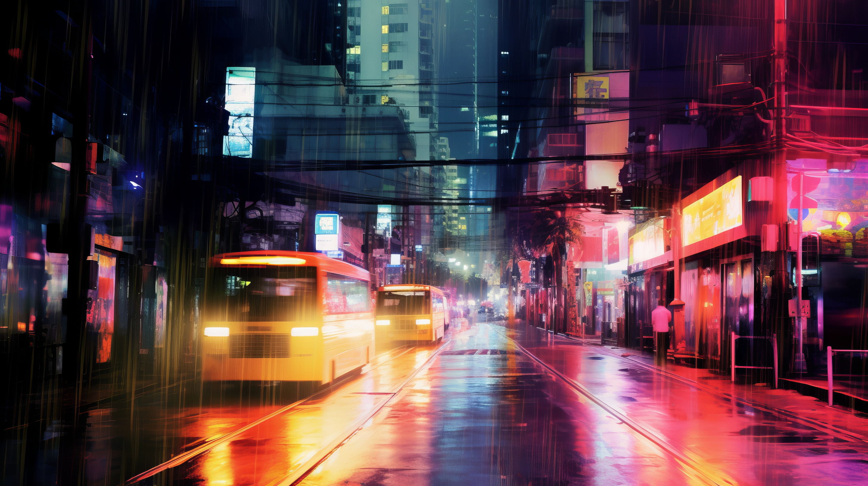 General 2912x1632 AI art illustration city streaks night street headlights vehicle building digital art city lights