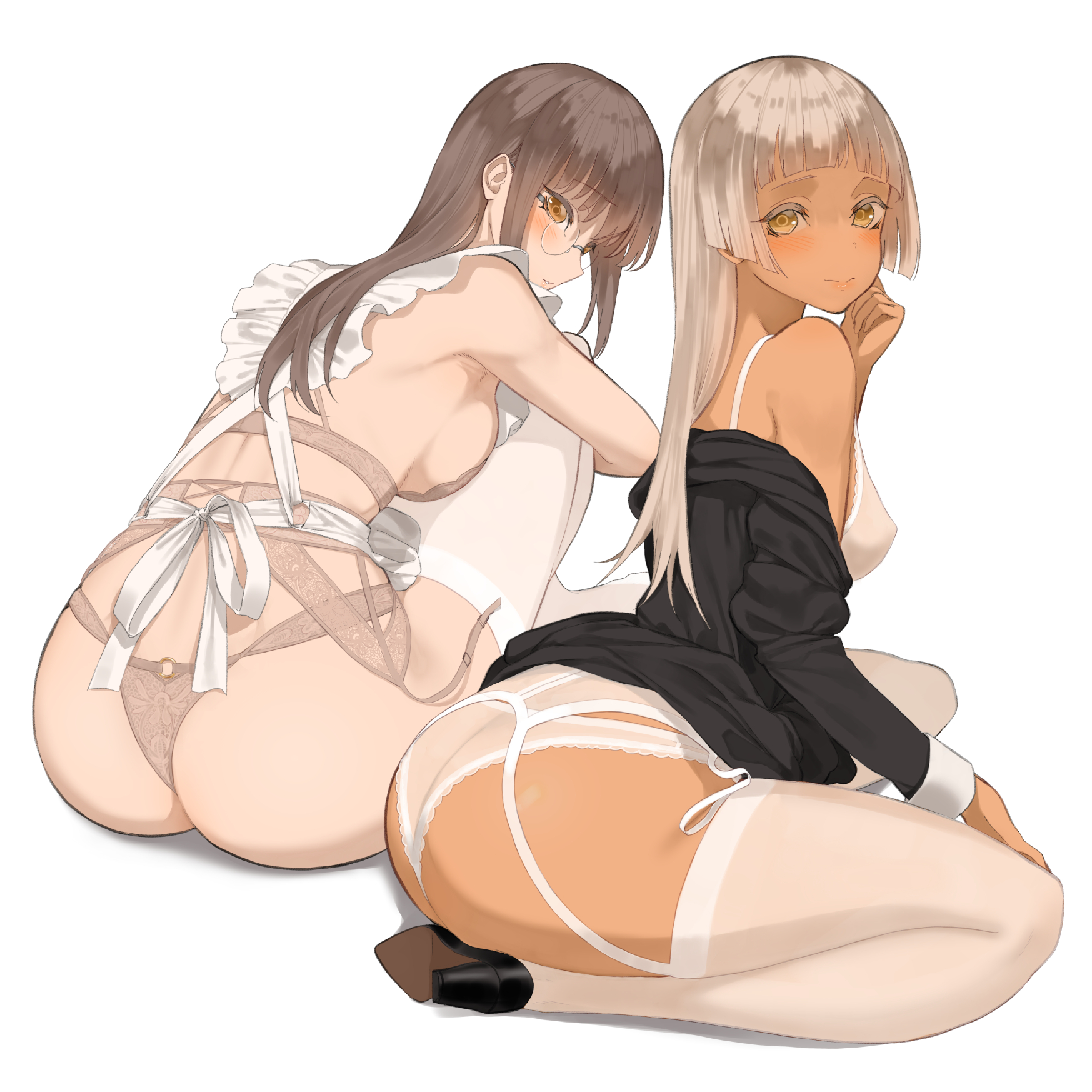 Anime 1747x1747 anime girls maid ass white background simple background stockings minimalism looking at viewer maid outfit sideboob dark skin big boobs glasses heels lingerie blushing Oda Non Throtem