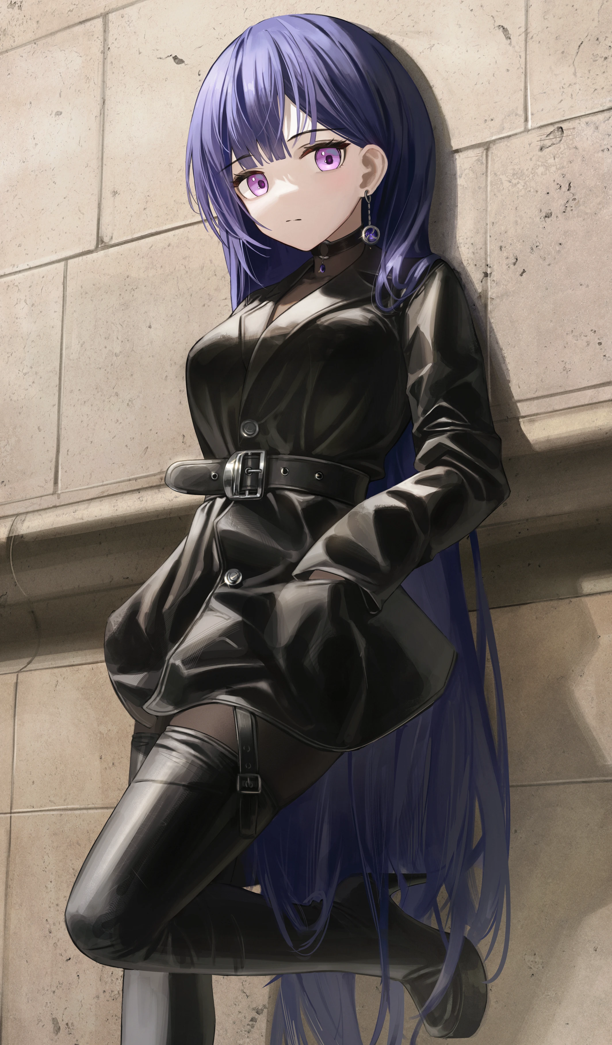 Anime 2128x3632 anime anime girls portrait display long hair hands in pockets earring looking at viewer purple hair purple eyes wall thigh high boots
