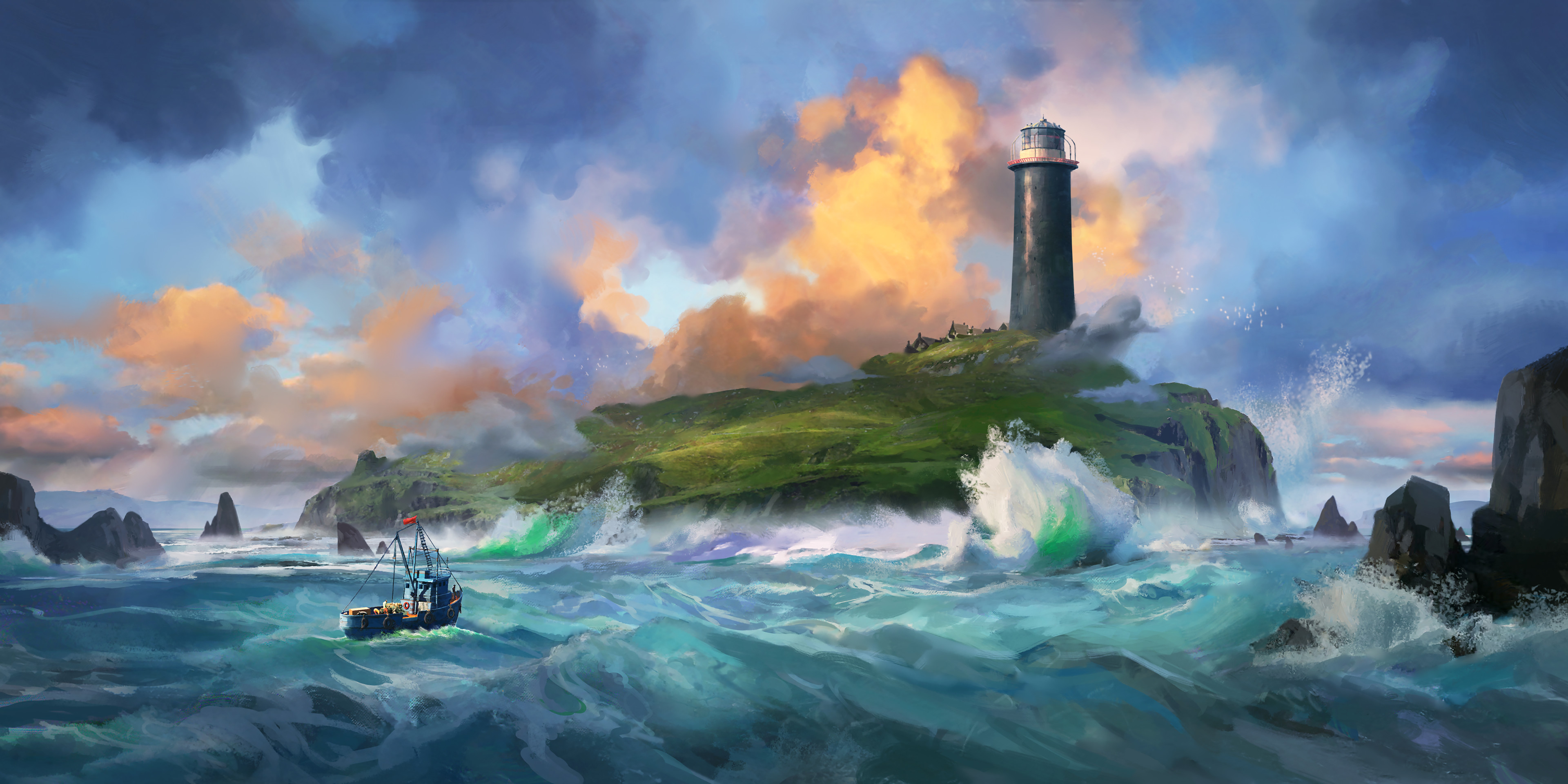 General 3840x1920 Gavin O'Donnell digital art artwork illustration environment clouds waves lighthouse boat sea water island landscape sky Dredge