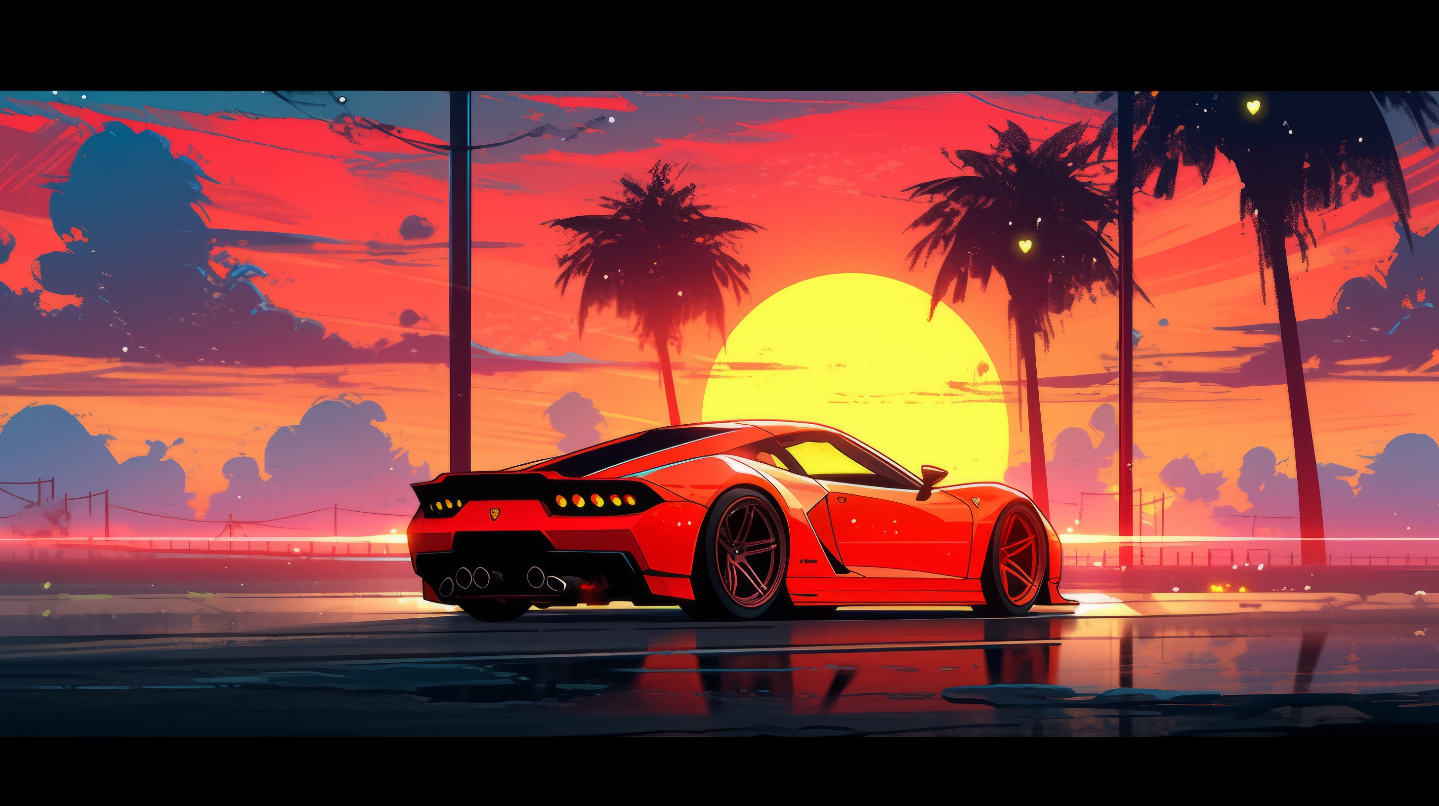 General 2912x1632 AI art sports car sunset palm trees 1980s synthwave car rear view sunset glow Sun digital art sky clouds reflection