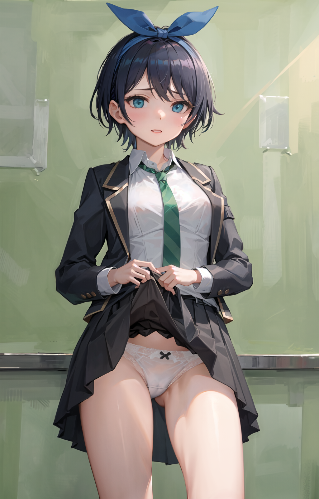Anime 1024x1600 anime anime girls AI art Ruka Sarashina portrait display skirt lifting skirt panties looking at viewer short hair schoolgirl school uniform tie