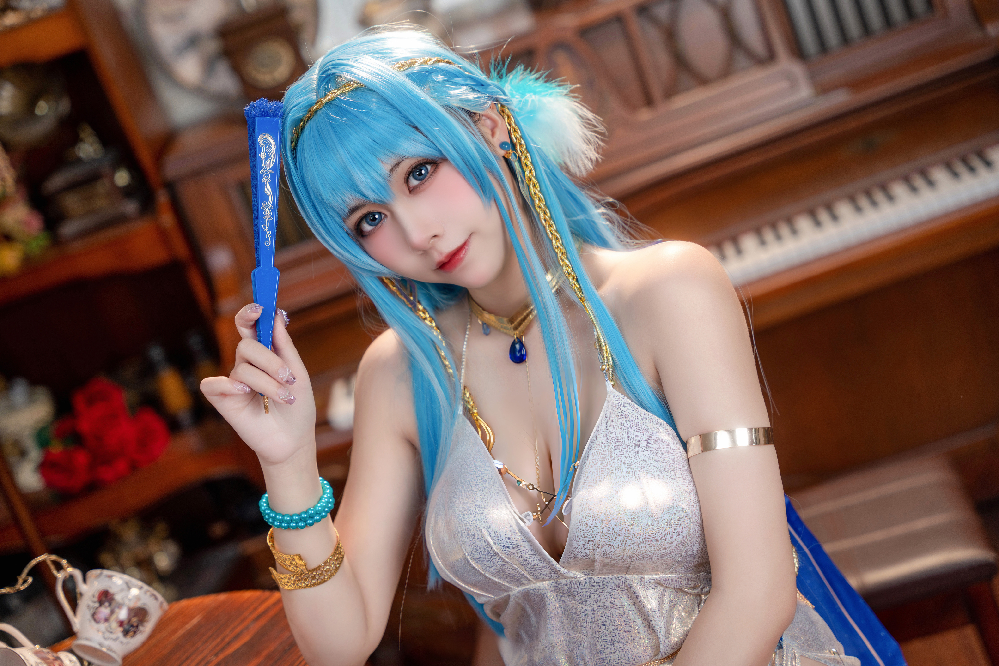 People 4160x2775 cosplay Asian blue hair wigs blue eyes looking at viewer piano choker cleavage indoors women indoors armband bracelets