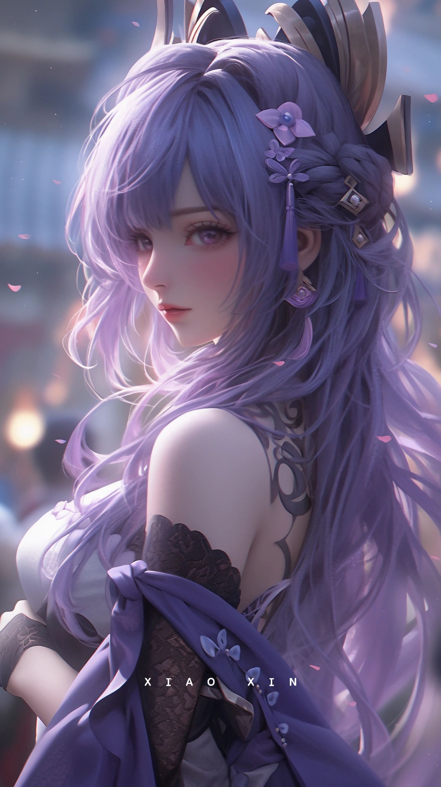 Anime 1434x2559 purple eyes looking at viewer petals anime girls signature portrait display earring gloves AI art