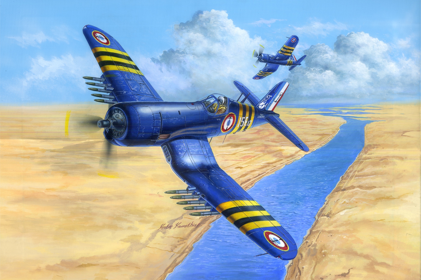 General 1600x1065 aircraft flying sky military military vehicle artwork clouds water pilot men missiles signature Vought F4U Corsair Kostas Kavvathias military aircraft Boxart desert French navy