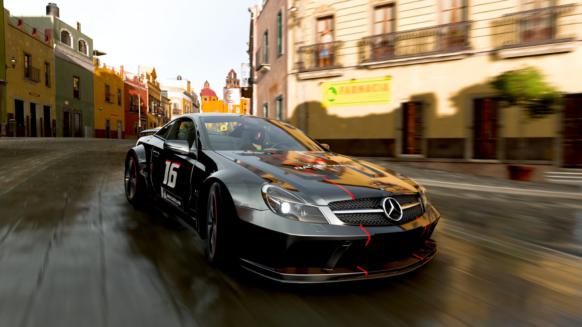 General 1920x1080 Forza Horizon 5 video games Mexico frontal view CGI building road driving headlights blurred blurry background car PlaygroundGames Mercedes-Benz German cars