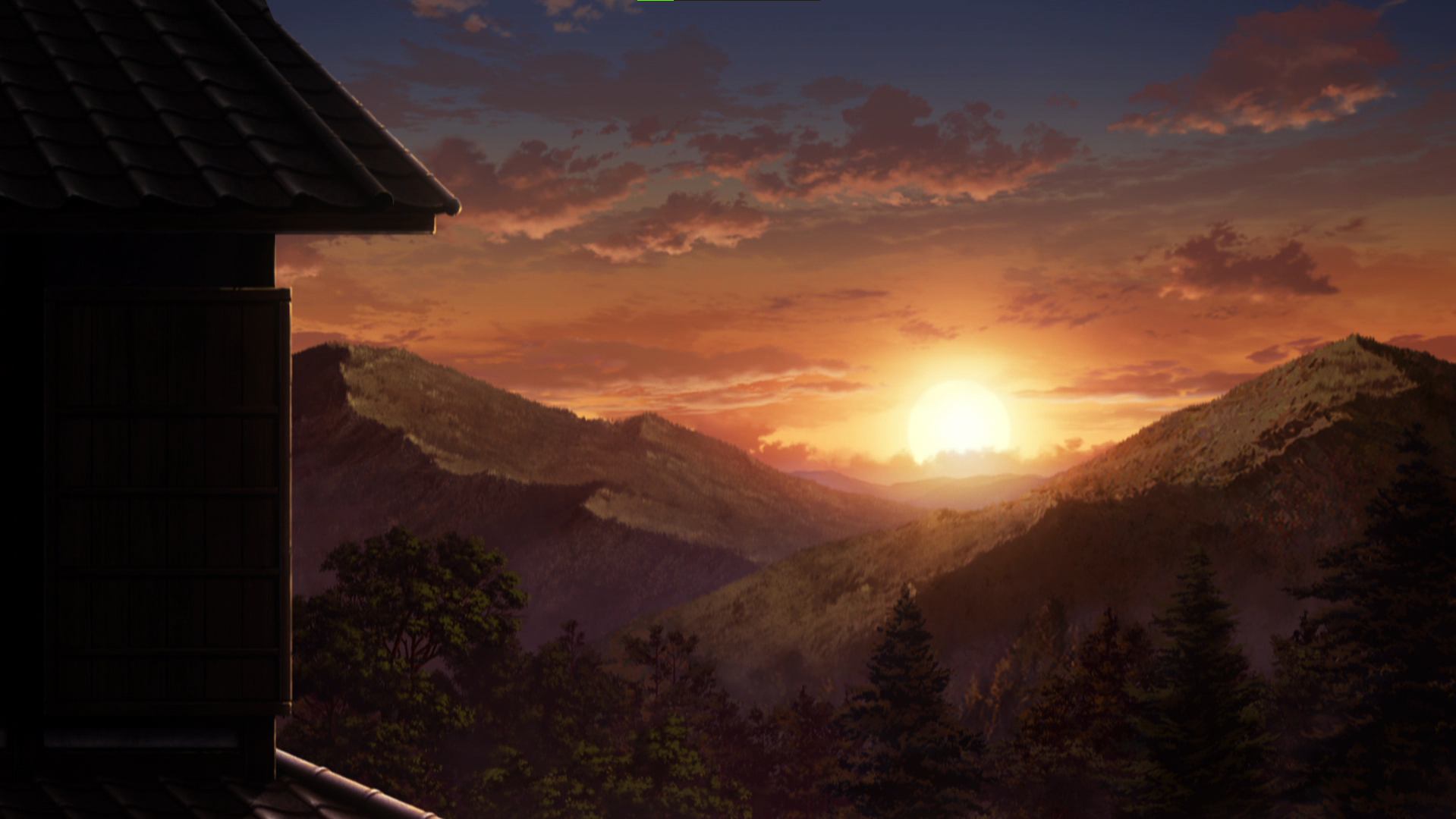 Anime 1919x1080 Kimetsu no Yaiba nature trees mountains sunset Sun anime Anime screenshot clouds sky sunset glow
