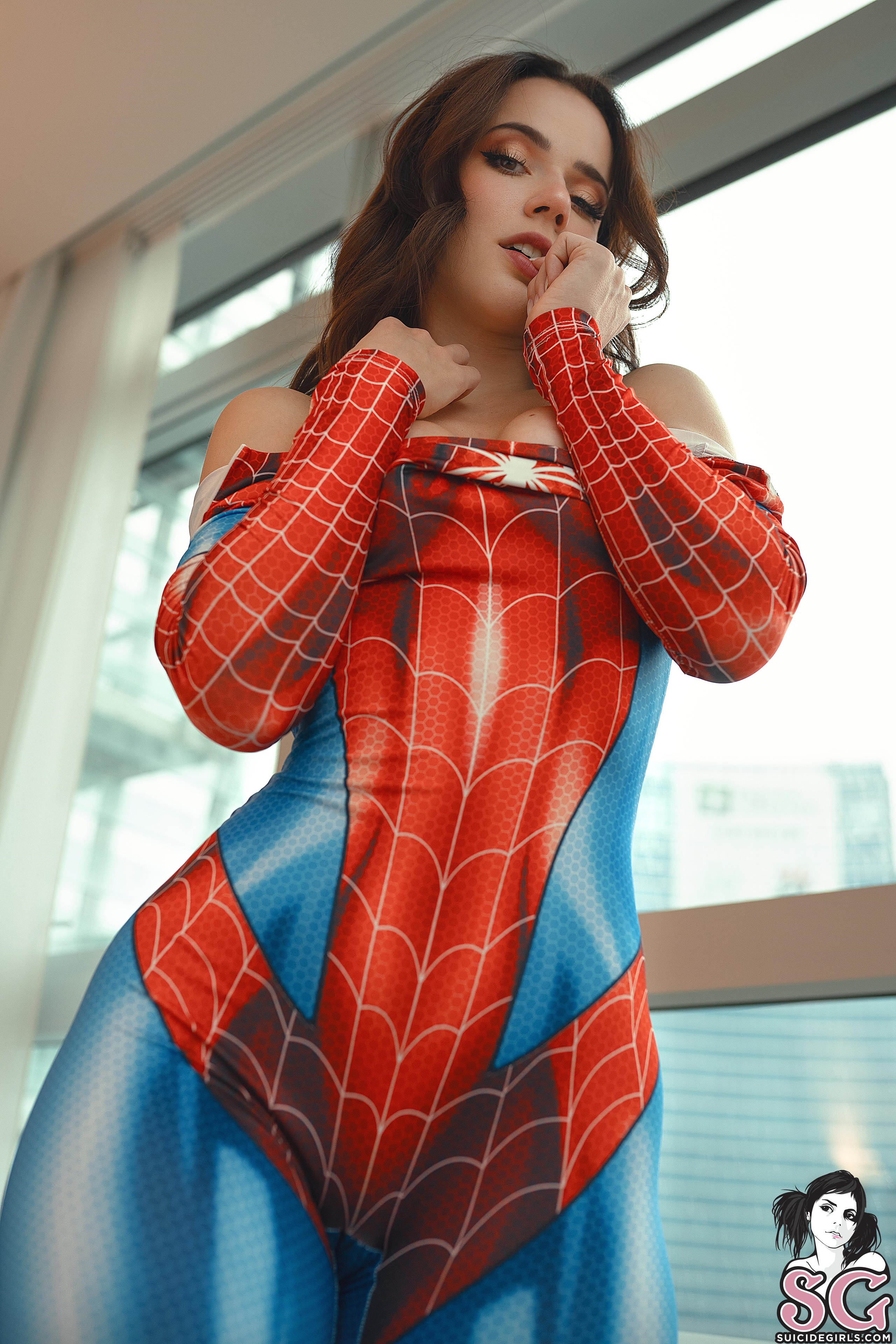 People 2560x3840 Ceciamix Suicide Girls women model Spider-Man portrait display sensual gaze bokeh looking at viewer finger in mouth curvy worm's eye view tight clothing tight waist