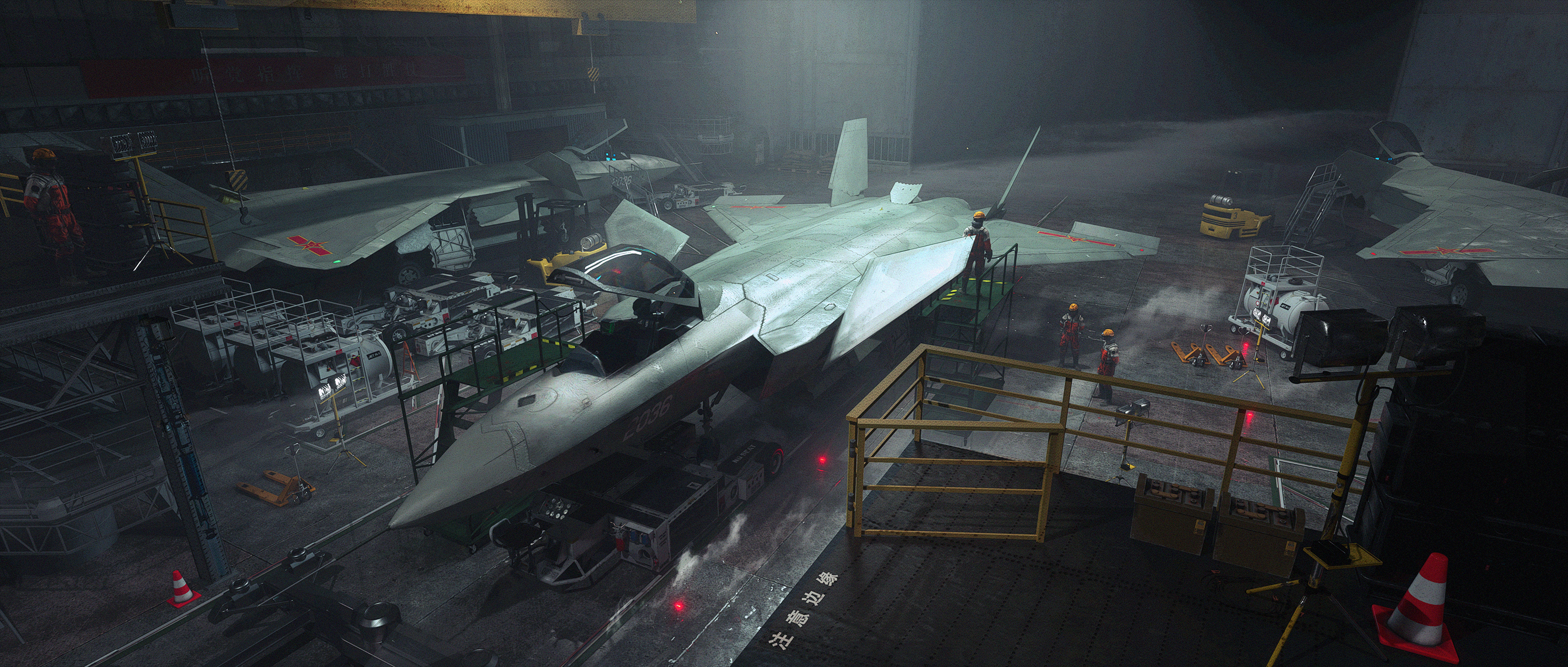 General 2938x1250 PLAAF air force aircraft jet fighter Chengdu J-20 CGI hangar Chinese Army military military aircraft white text