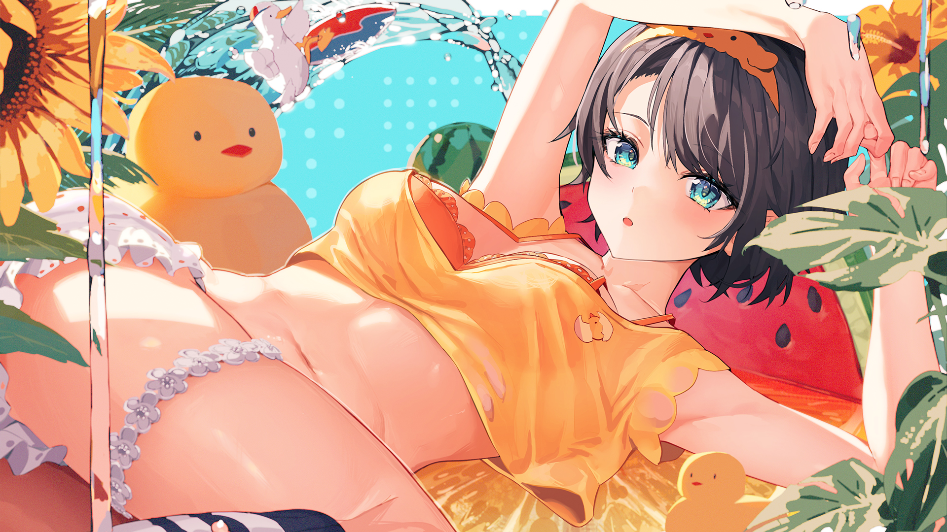 Anime 1920x1080 Hololive Oozora Subaru anime girls bloomers lying down lying on back water Virtual Youtuber orange bra big boobs underwear thigh strap belly belly button flowers sunflowers black hair short hair watermelons fruit animals blushing arms up water drops yellow tops rubber ducks blue eyes looking at viewer susukawa hair ornament leaves plants duck bright