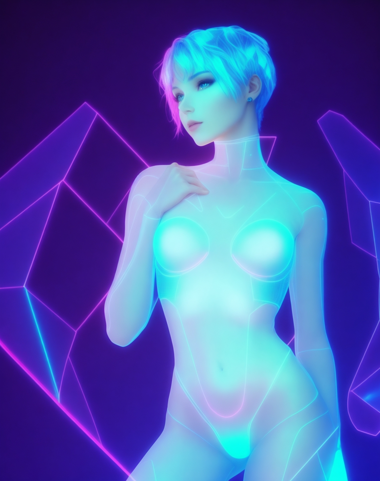 General 1216x1536 AI art women fantasy girl cyberpunk holographic thighs portrait display short hair looking away earring simple background minimalism standing digital art belly button