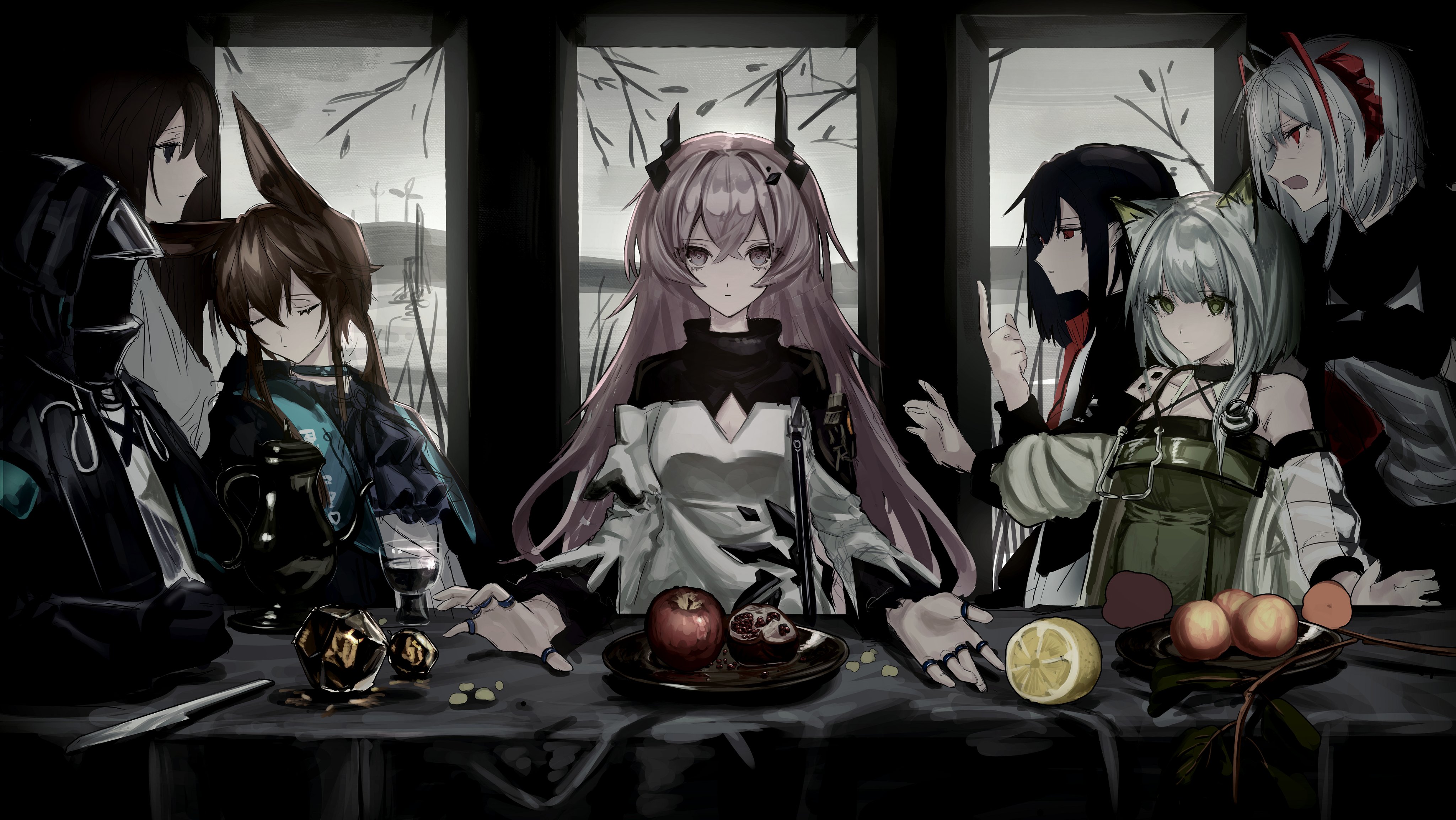 Anime 4096x2305 Arknights anime girls The Last Supper Doctor (Arknights) Amiya (Arknights) Kal'tsit (Arknights) W (Arknights) Theresa(Arknights) Priestess (Arknights) Closure (Arknights) standing fruit long hair closed eyes