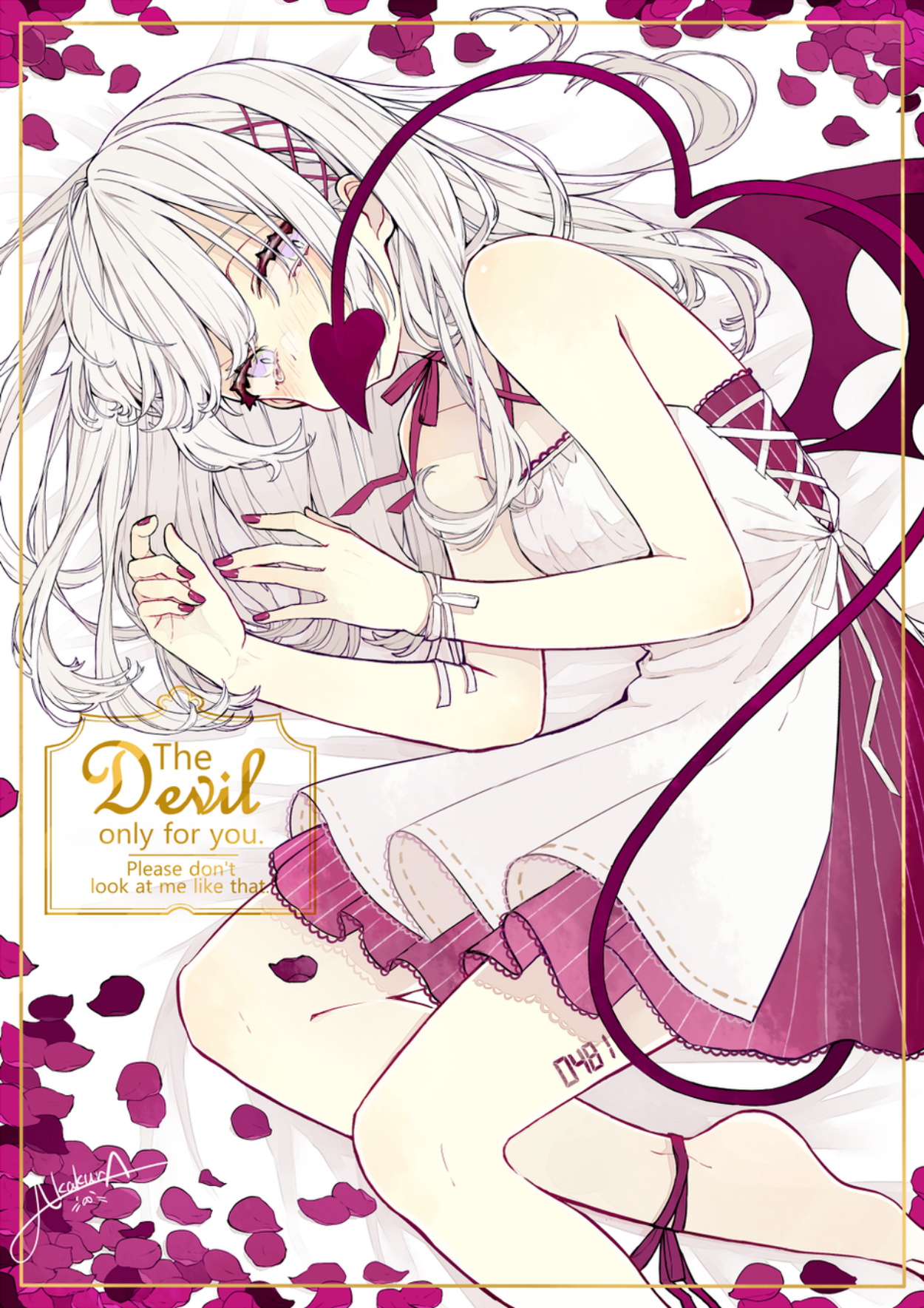 Anime 1250x1769 Akakura anime girls Pixiv succubus demon tail demon girls white hair petals digital art devil girl