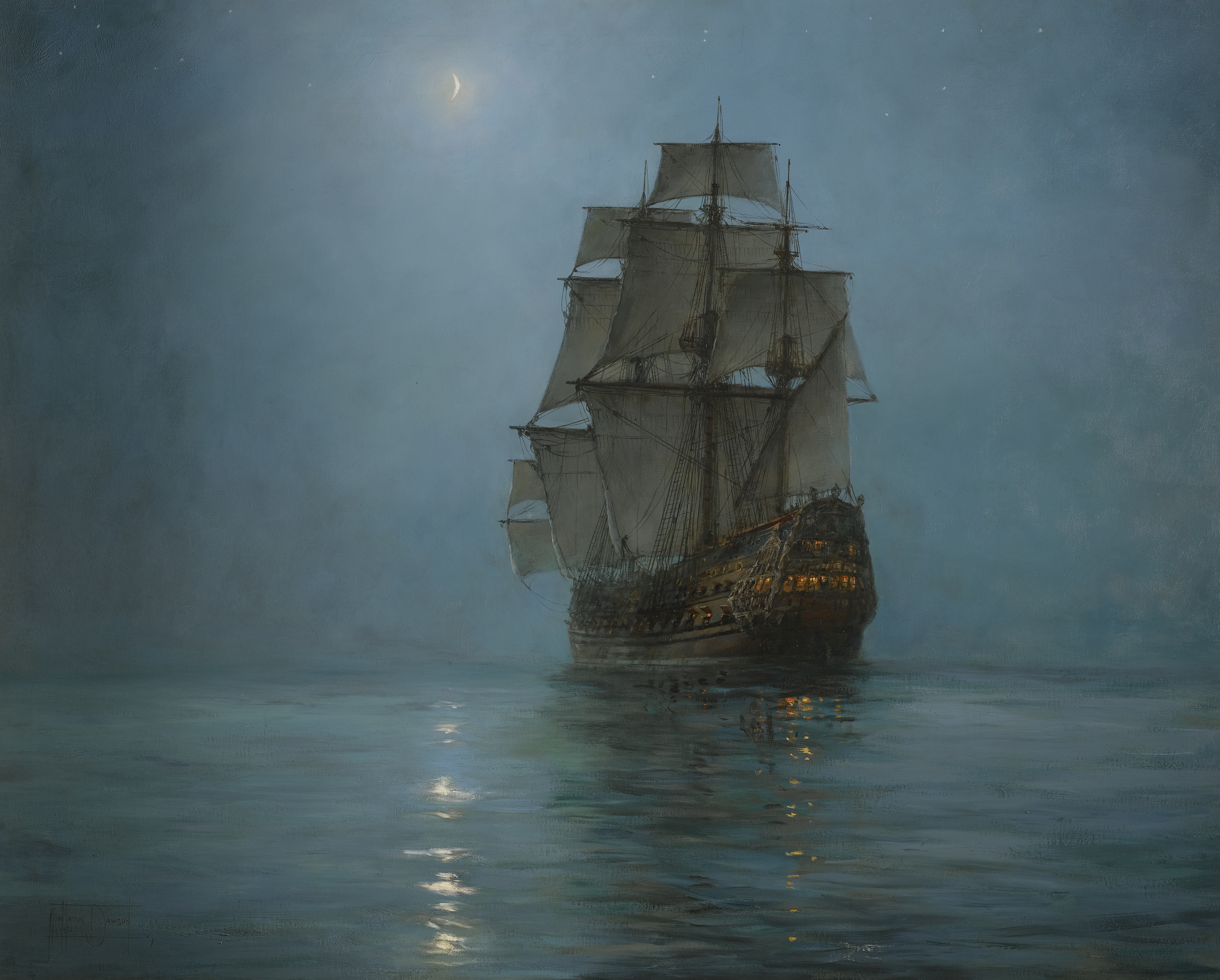 General 4000x3212 oil painting ship sailing ship Montague Dawson water artwork Moon classic art