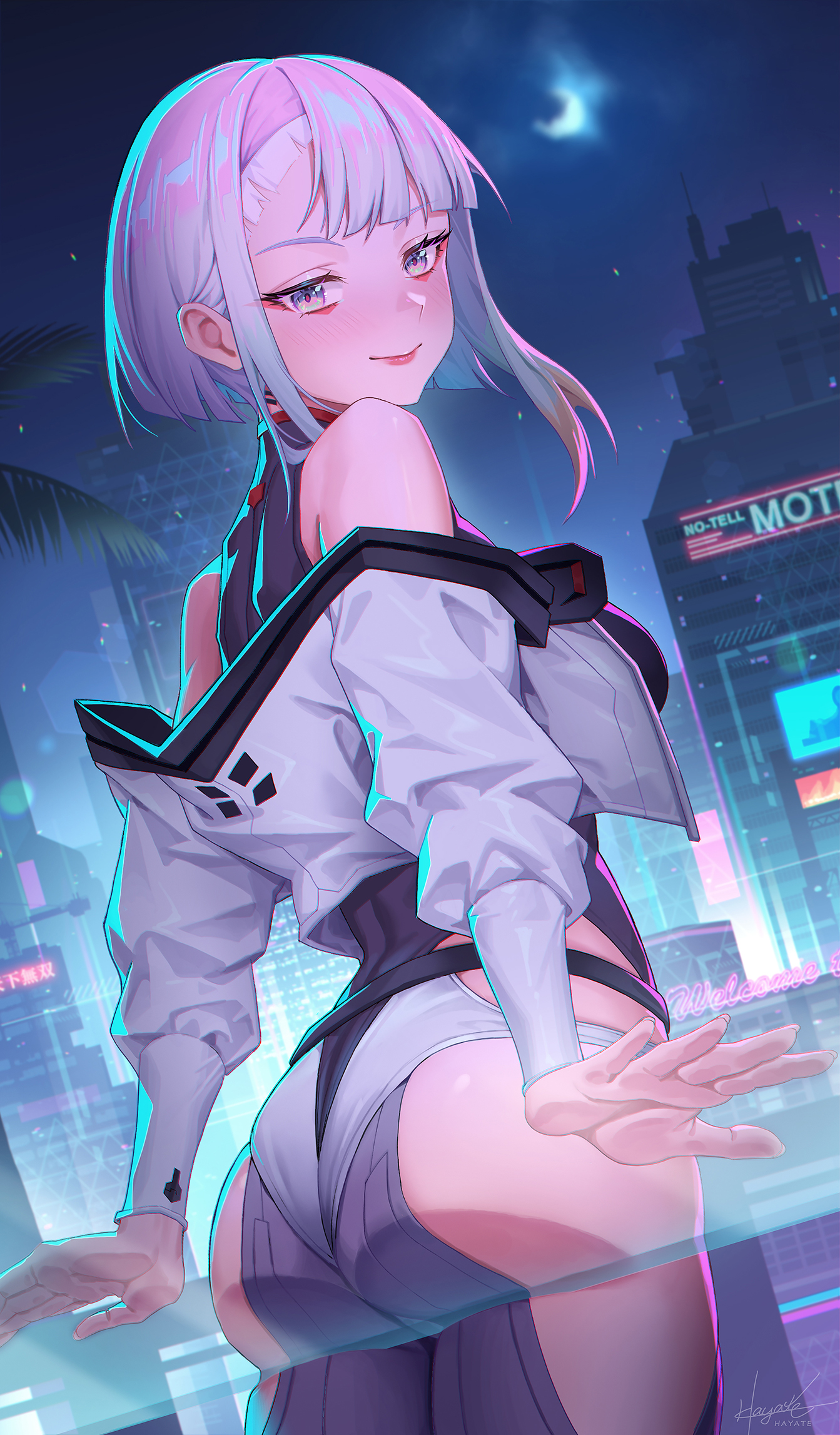 Anime 1343x2294 Cyberpunk: Edgerunners Lucyna Kushinada (Cyberpunk: Edgerunners) Leaf98k anime girls ass looking back looking below low-angle building palm trees looking at viewer
