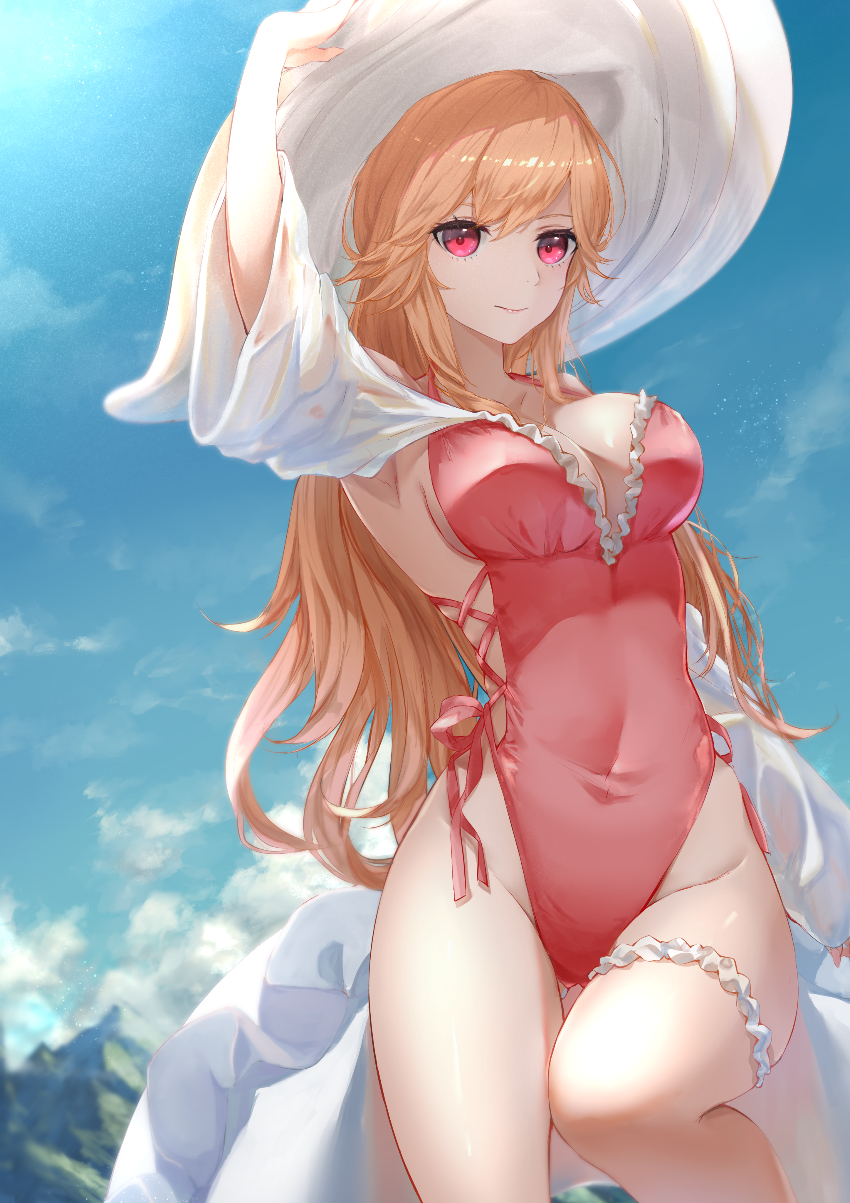 Anime 2894x4093 Azur Lane Richelieu (Azur Lane) hat one-piece swimsuit red eyes blonde big boobs thighs anime girls