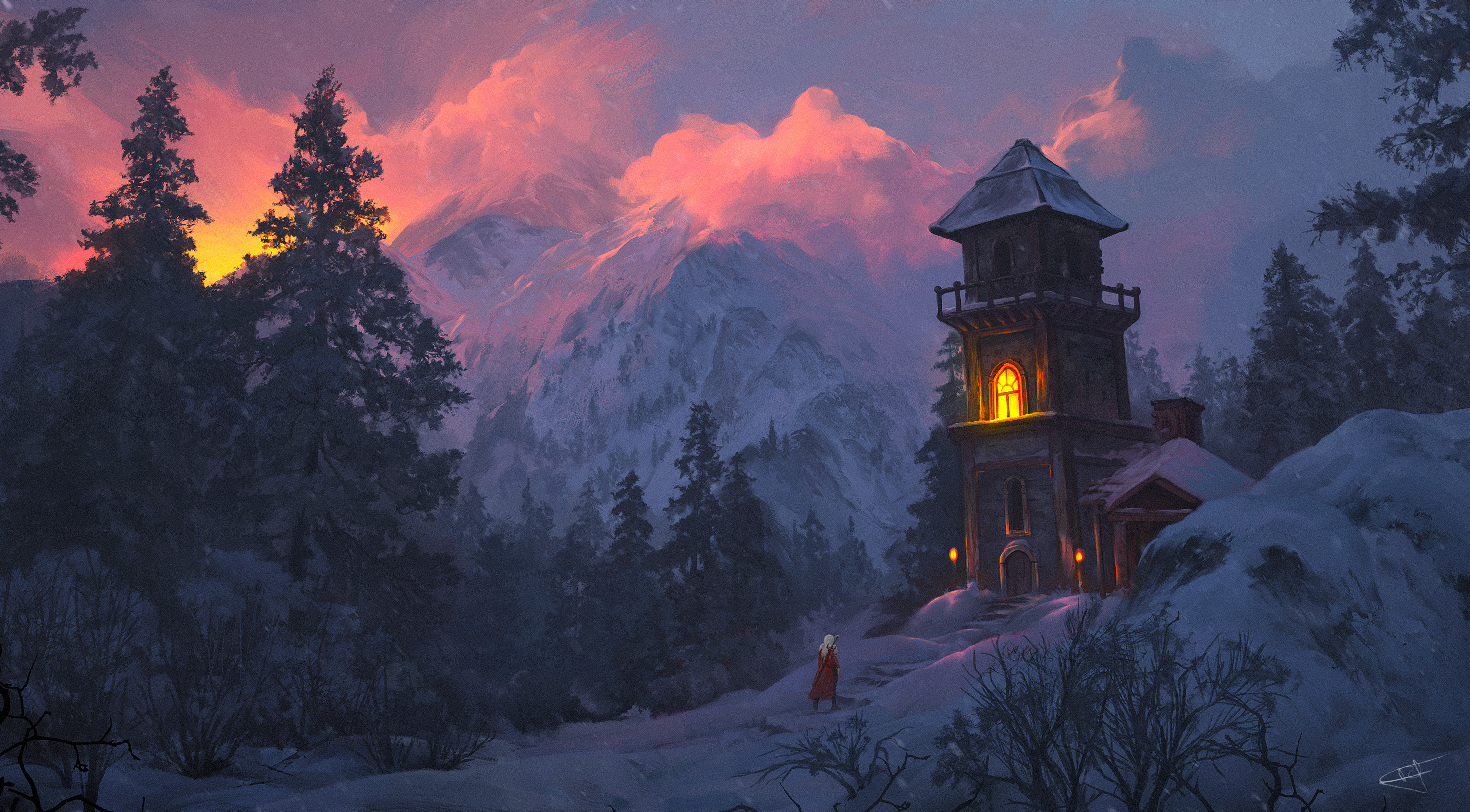 General 3000x1658 winter snow tower landscape alone fantasy castle medieval adventurers sunset ReFiend evening mountains trees clouds spiritual painting