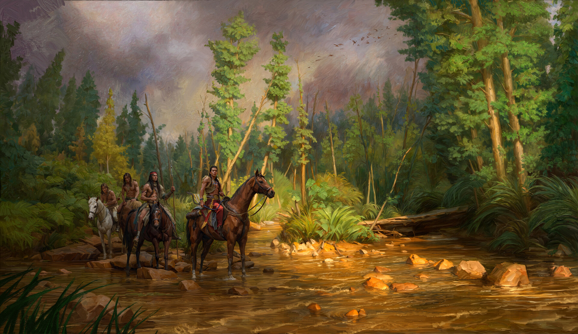 General 1920x1109 Wild Deer Native Americans nature painting horse riding stones