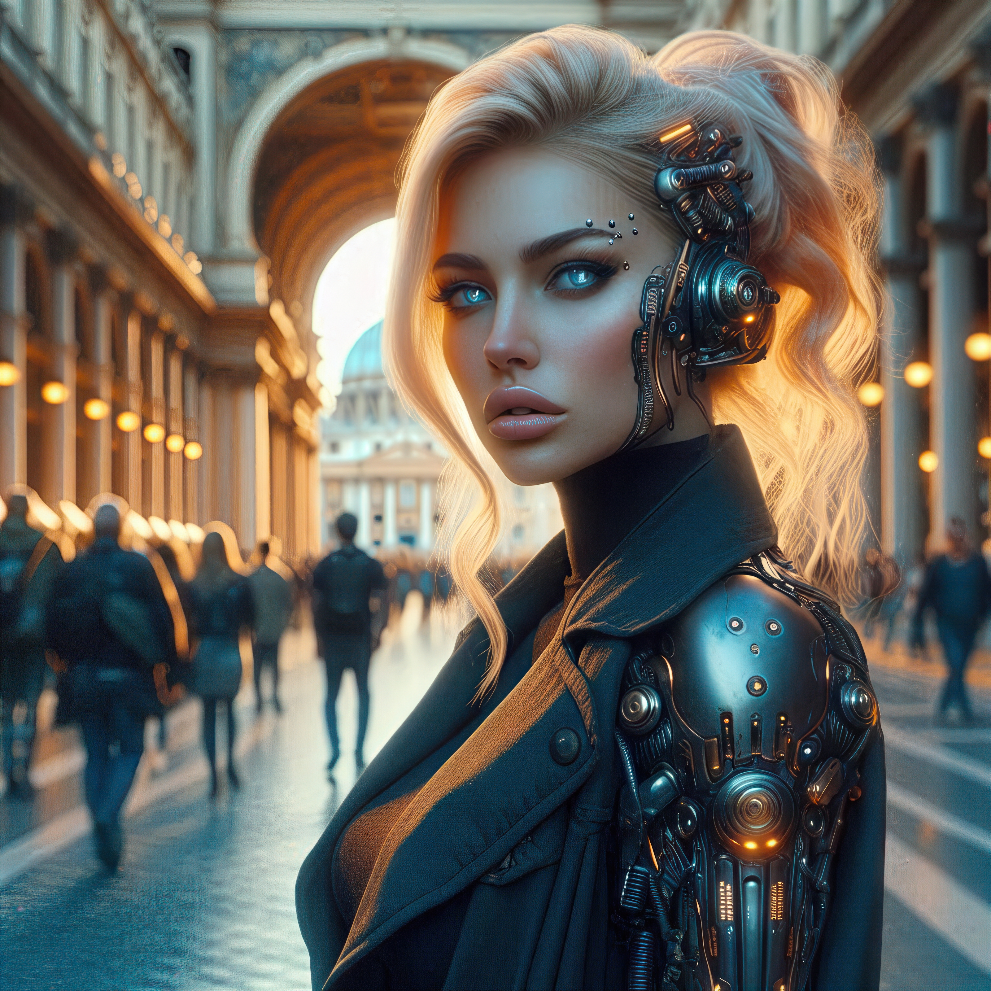 General 3200x3200 AI art cyberpunk women blonde classical architecture blue eyes