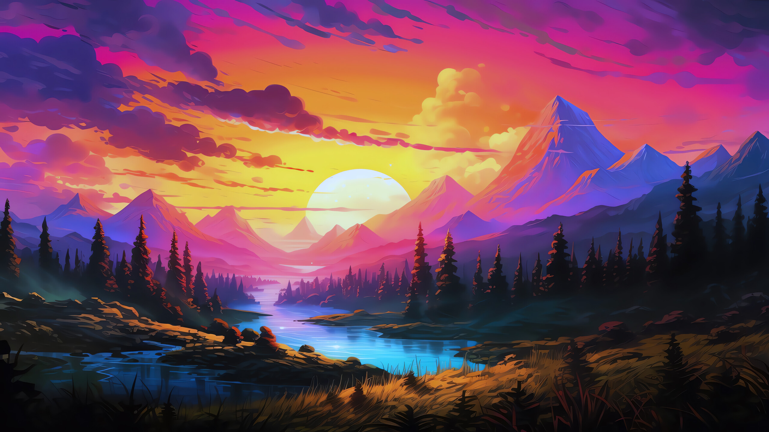 General 2560x1440 scenery digital art sunset mountain top river AI art