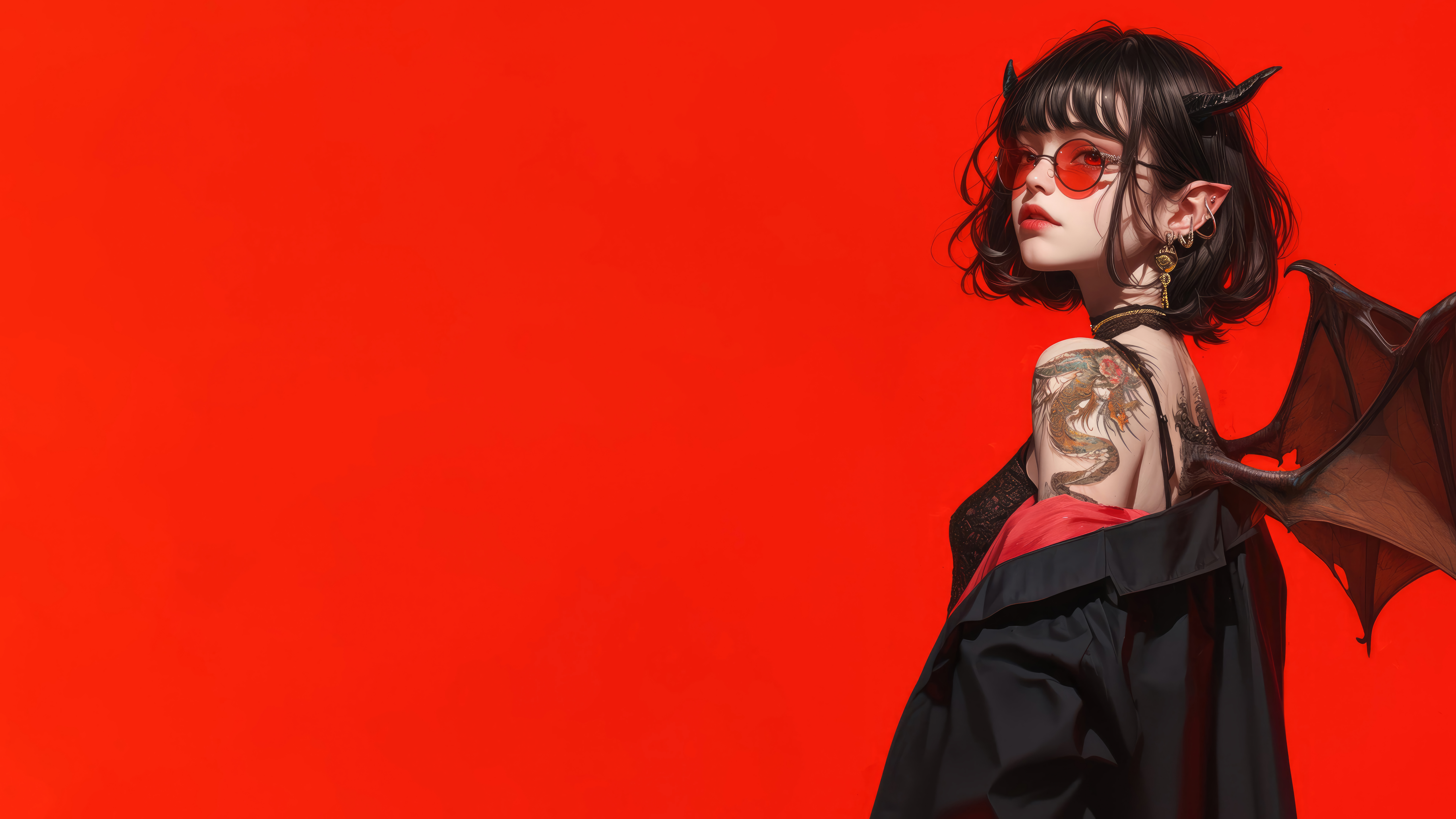 General 7680x4320 anime artwork digital art concept art anime girls red red background devil girl sunglasses women with shades earring devil horns wings looking at viewer black clothing AI art demon girls