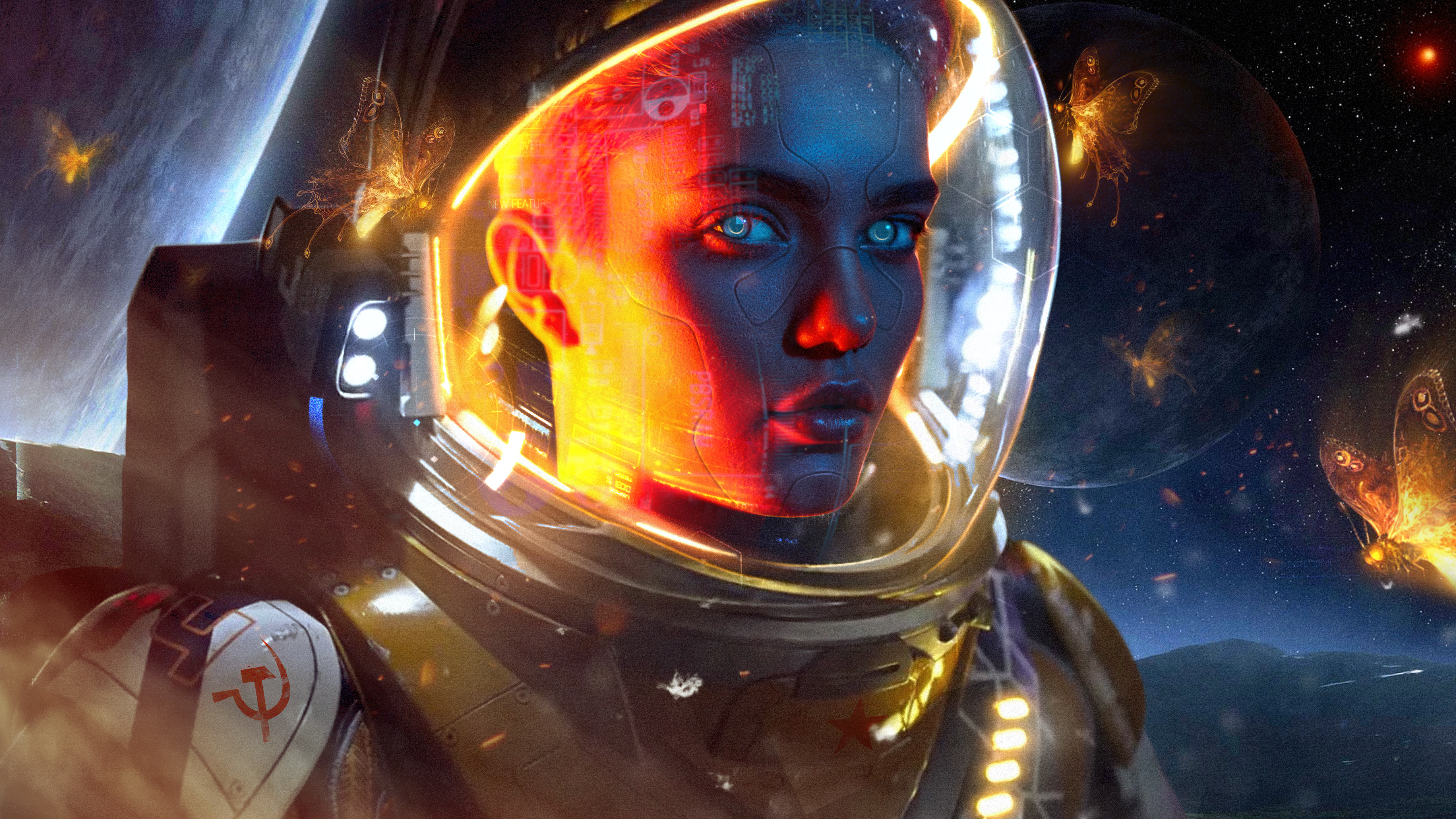 General 5120x2880 digital art artwork illustration CGI women cyborg spacesuit astronaut space art communism portrait butterfly insect animals space looking at viewer stars