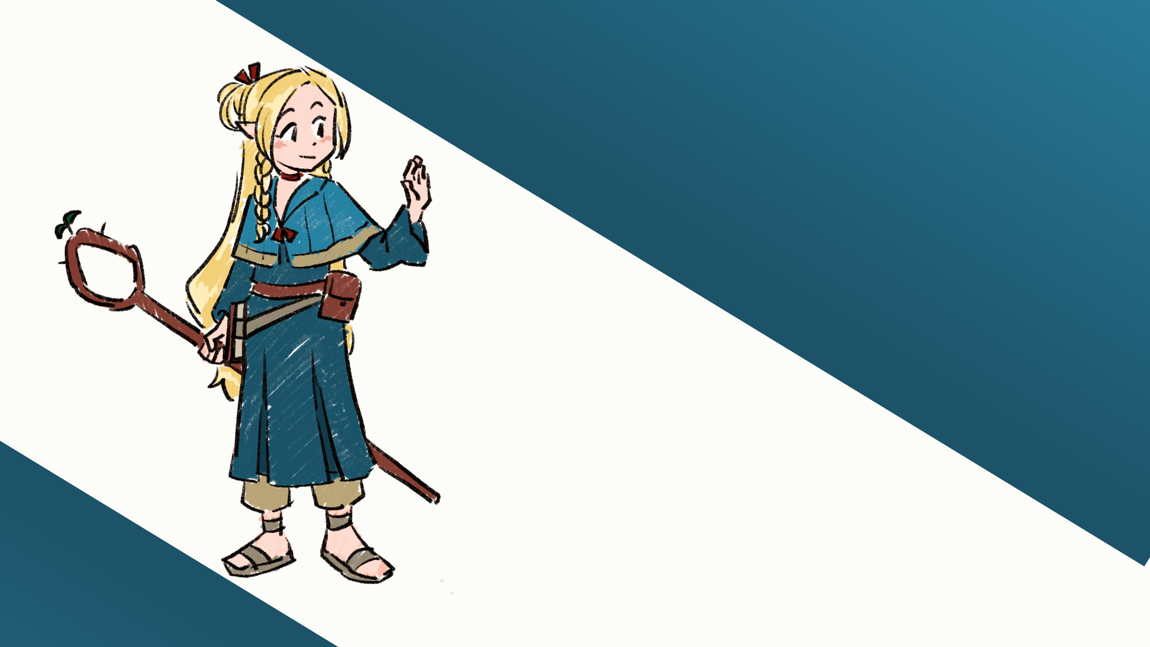 Anime 3840x2160 Marcille Donato simple background flip flops Delicious in Dungeon robes staff blonde long hair braids ribbon hairbun pouch bag smiling pointy ears choker sketches anime girls