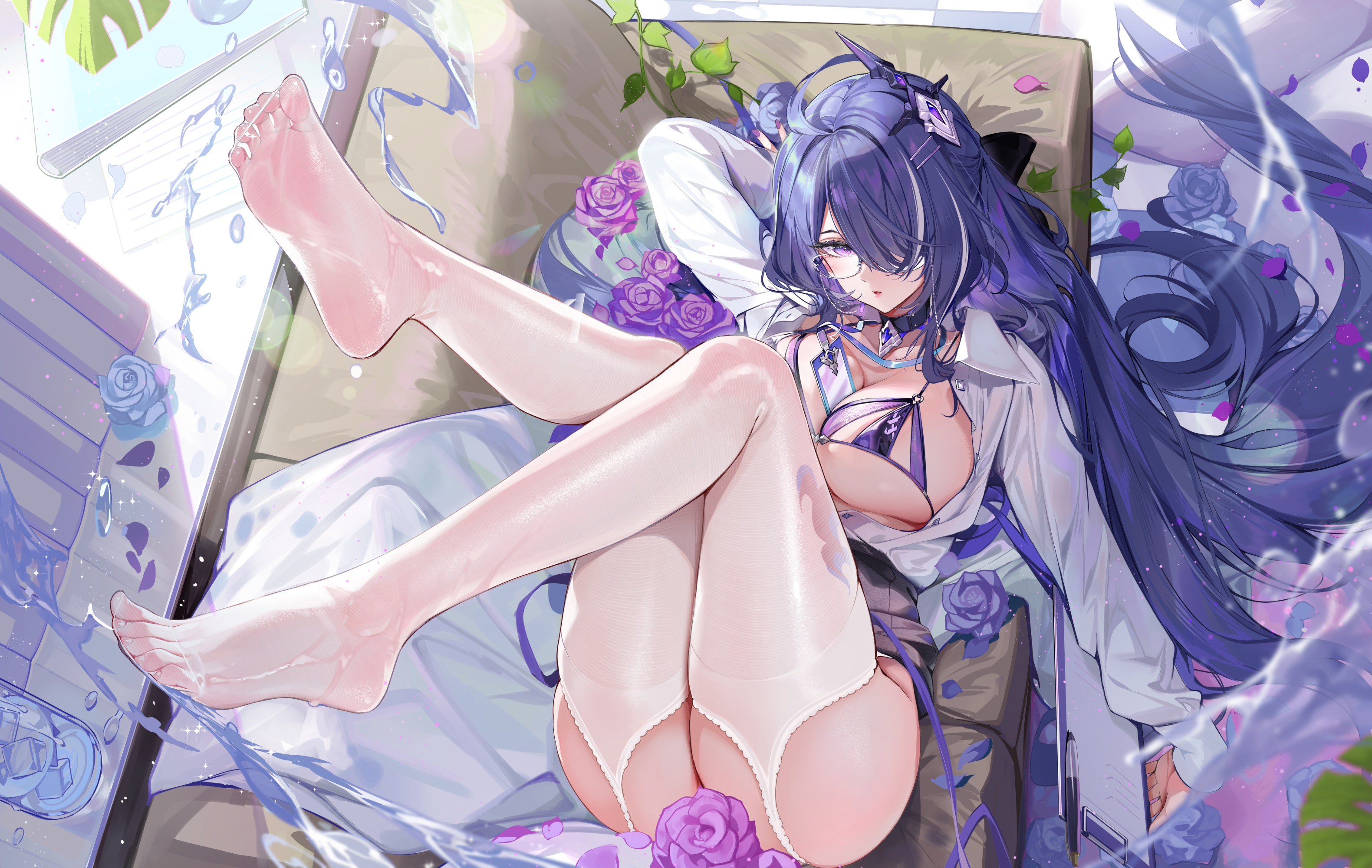 Anime 3161x2000 Honkai: Star Rail AkiZero Acheron (Honkai: Star Rail) hair over one eye flowers alternate costume glasses white stockings long hair hair ornament big boobs lying on back lying down water drops parted lips looking at viewer petals wet clothing thigh-highs strategic covering couch unbuttoned high angle underwear purple hair purple bra long sleeves