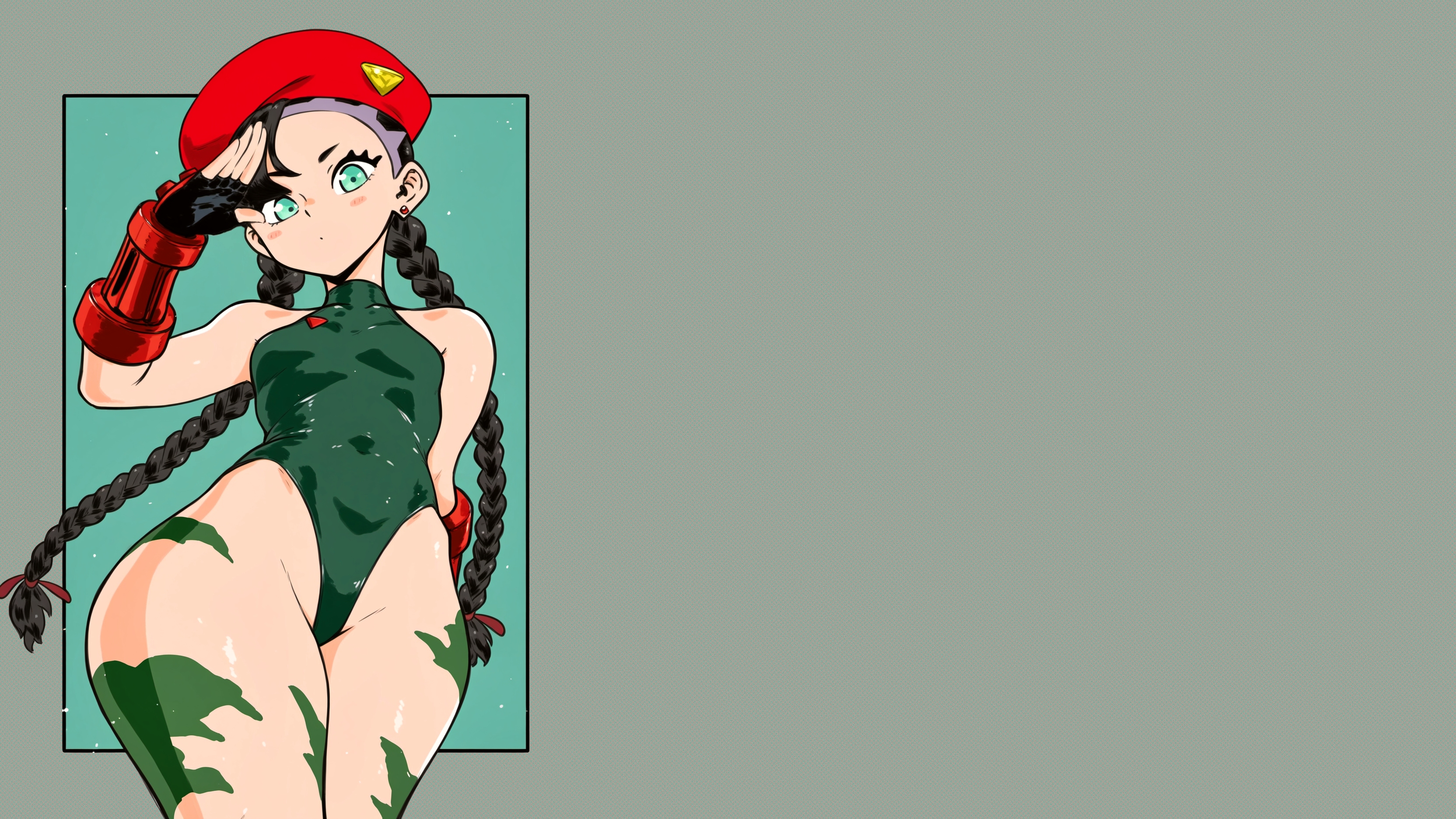 Anime 3328x1872 video games video game girls Nintendo simple background long hair belly bangs belly button berets leotard green leotard thighs thighs together low-angle salute braids blue eyes light blue eyes gloves red gloves earring crotch floss minimalism black hair Pokémon Pokémon Sword & Shield Cammy White crossover small boobs Marnie (Pokémon) black gloves camouflage Capcom bare shoulders high collar tight clothing Street Fighter Super Street Fighter II looking at viewer blushing