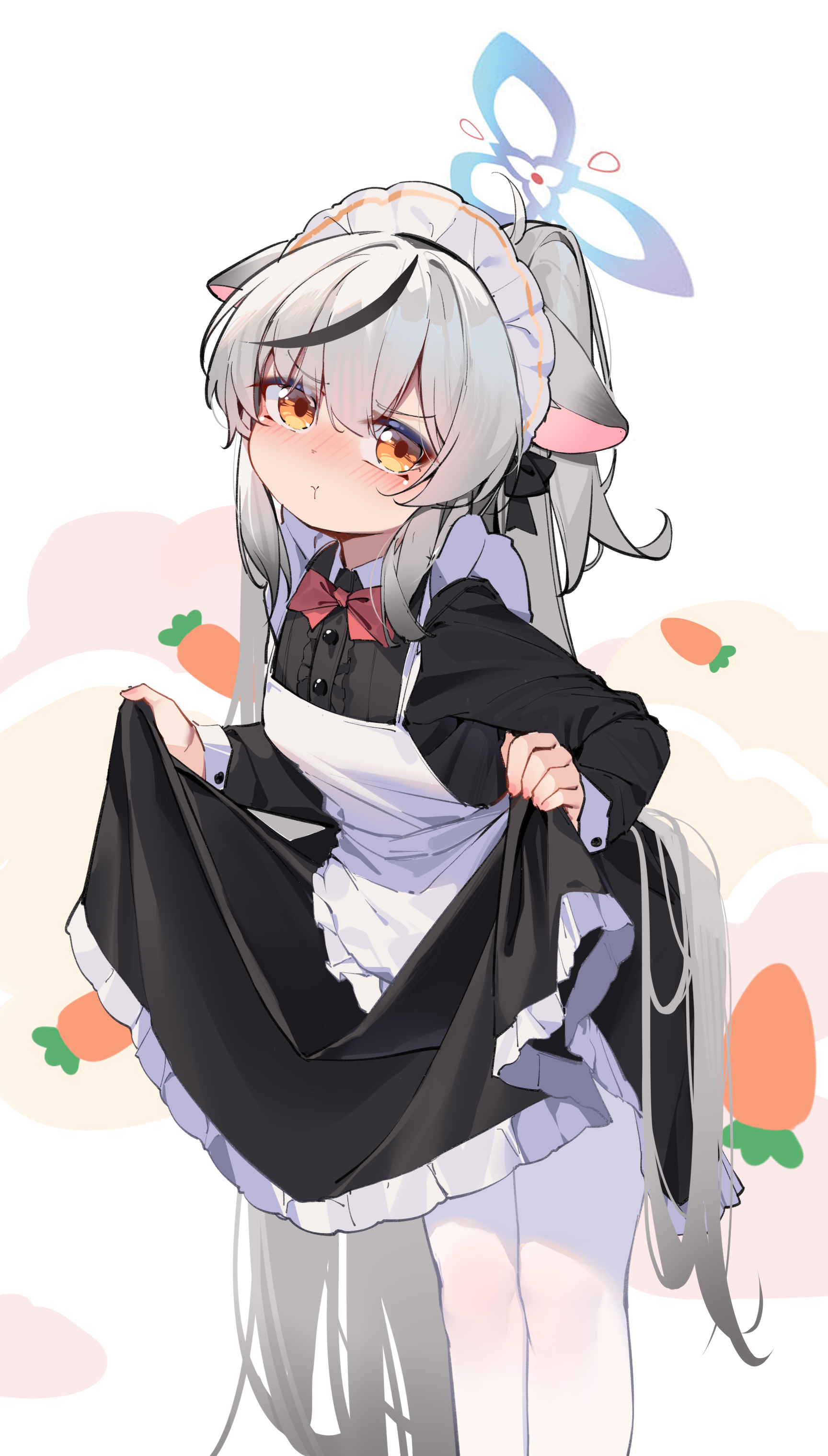Anime 1728x3037 Sunohara Kokona looking at viewer gray hair maid outfit halo orange yellow eyes white pantyhose Blue Archive frown