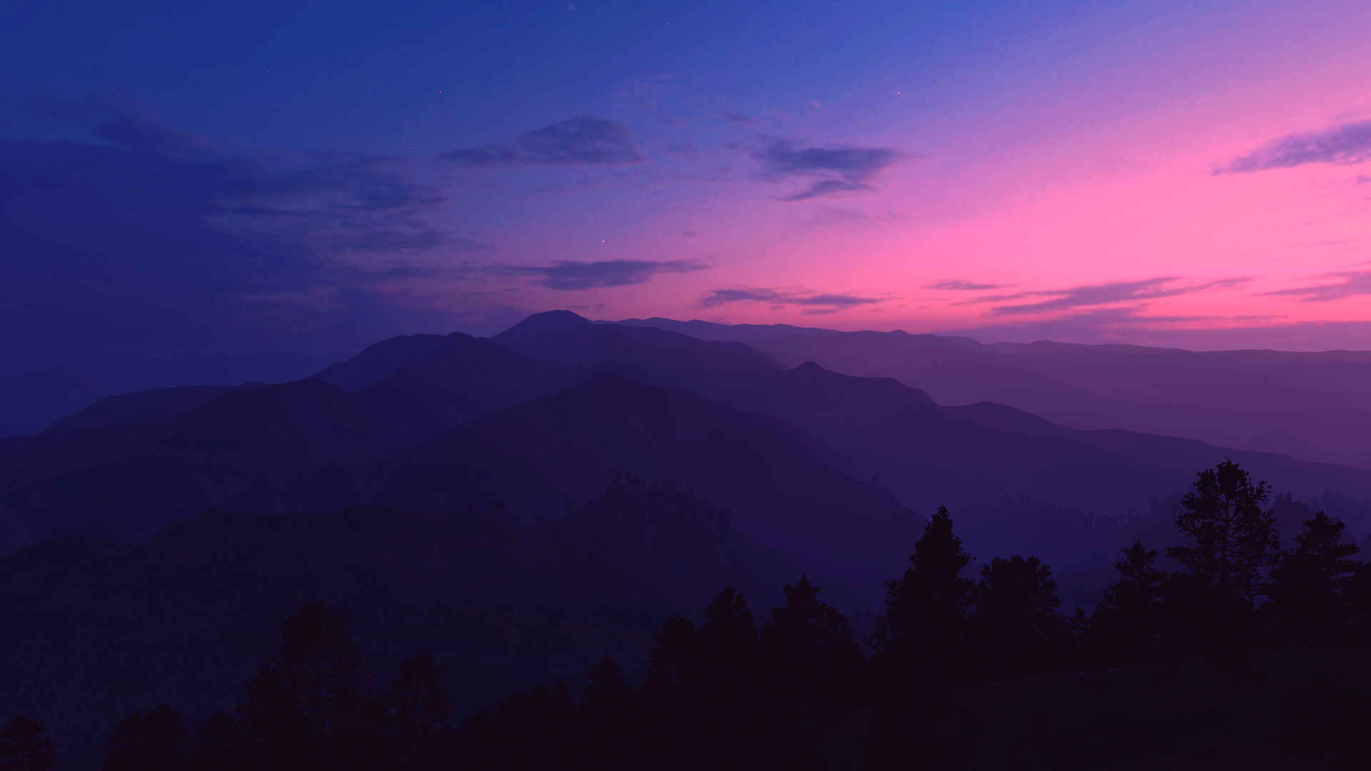 General 1920x1080 video games Forza Forza Horizon 5 landscape sky clouds hills mountains trees dark night blue purple pink Turn 10 Studios Xbox Game Studios