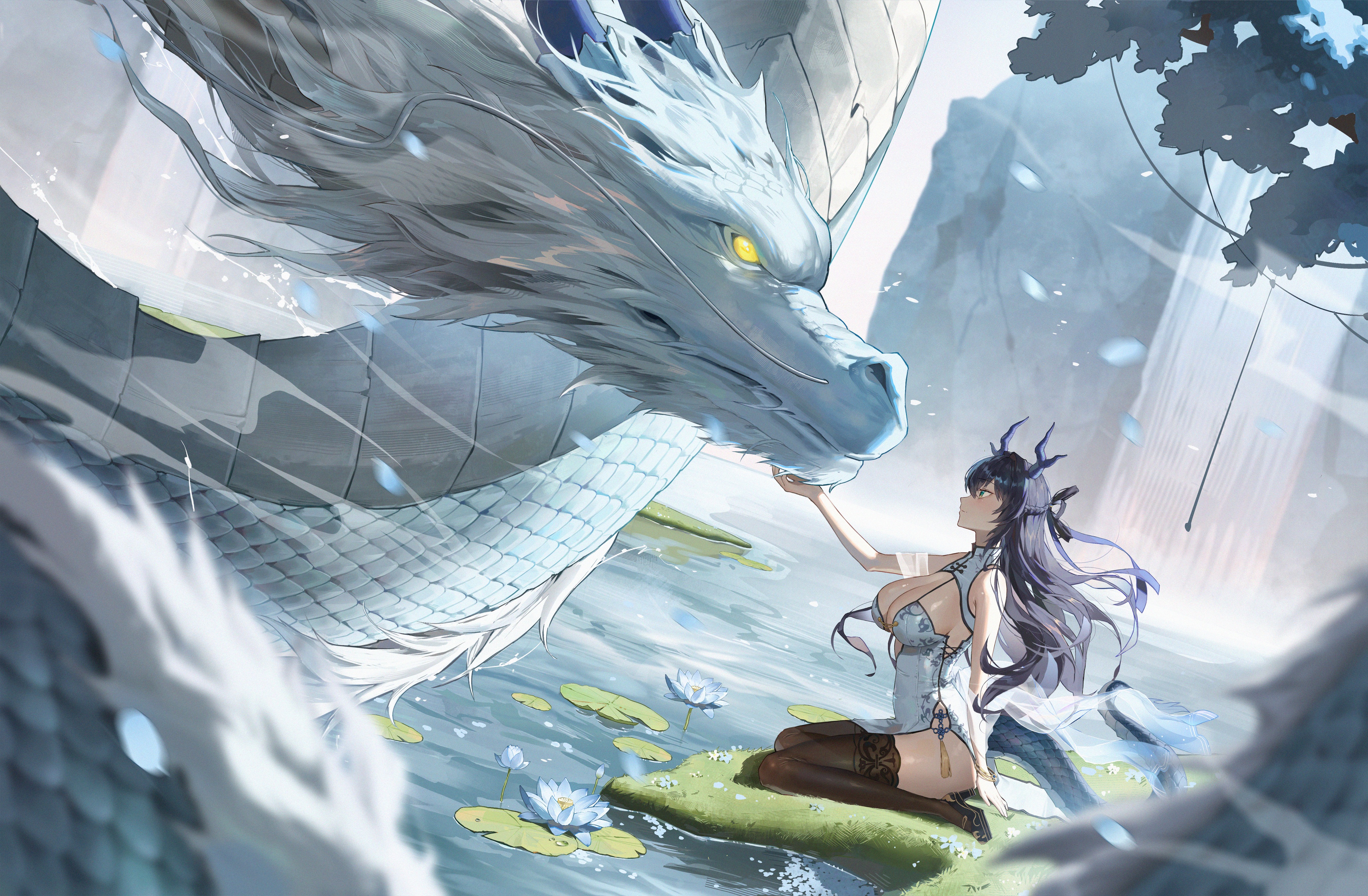 Anime 4122x2700 Bodiedwile thigh-highs chinese dress kneeling white dress long hair huge breasts cleavage profile women outdoors dragon chinese clothing cleavage cutout flowers hair ribbon water lilies water drops dragon tail dragon horns dark hair black stockings antlers black high-heels water stockings dragon girl tail leaves dress Chinese dragon anime anime girls wariza