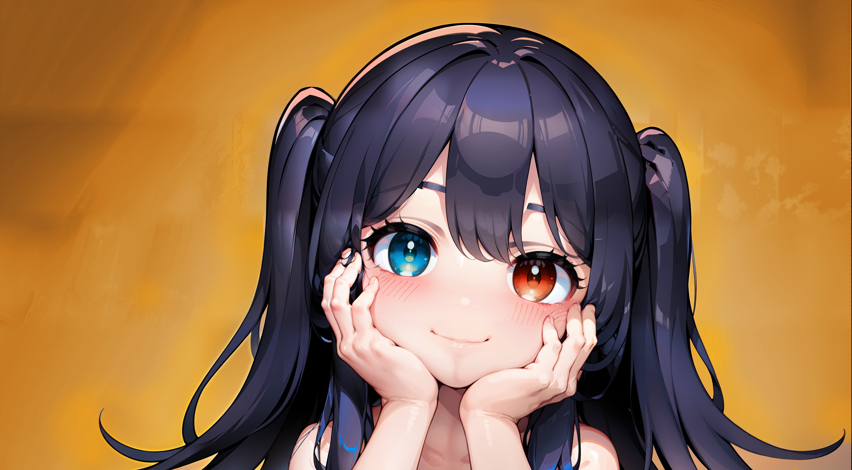 Anime 2784x1536 AI art heterochromia face simple background touching face smiling head tilt long hair anime girls closed mouth twintails frontal view looking at viewer blushing children