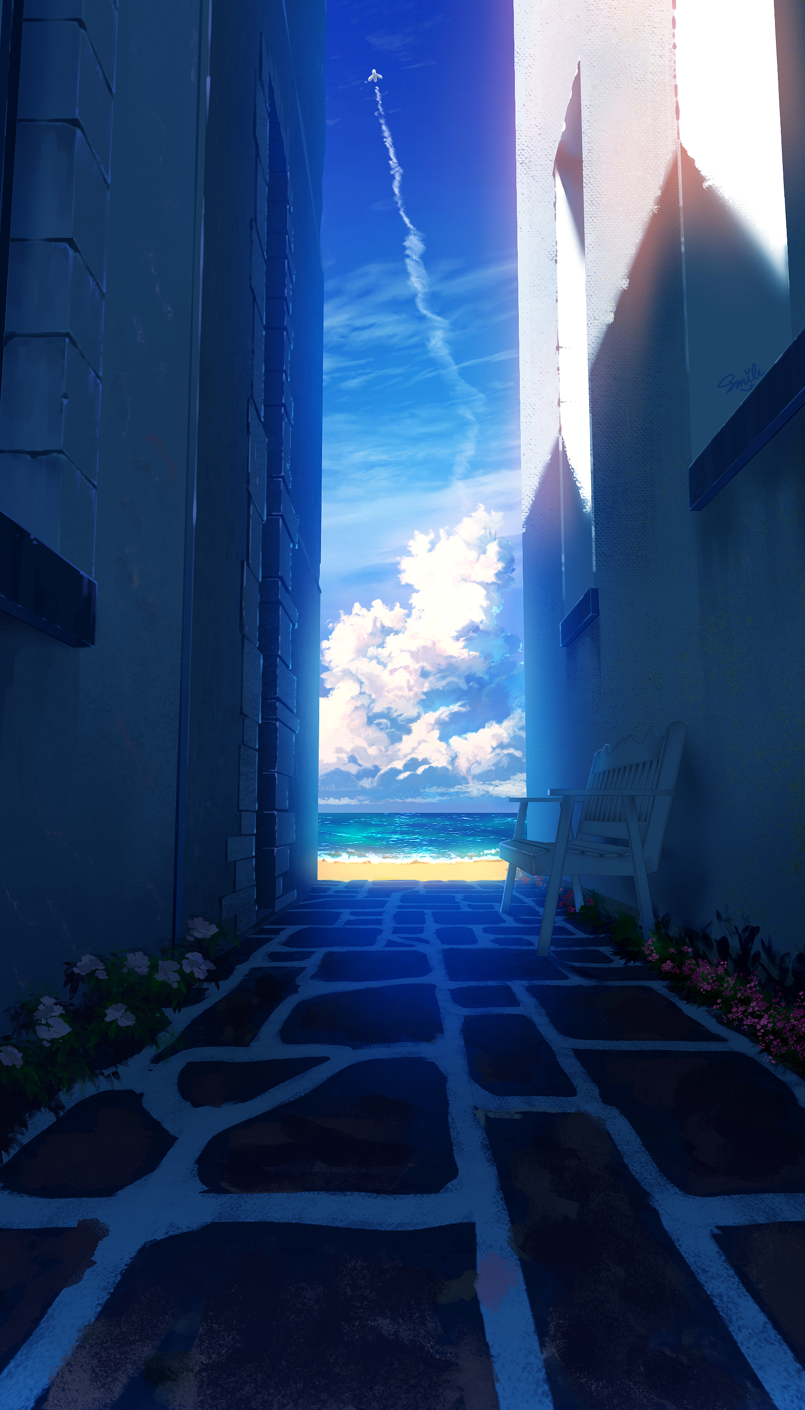 Anime 1637x2867 Smile (artist) airplane aircraft white flowers bench alleyway sky clouds sea flowers outdoors pink flowers cumulus building beach contrails