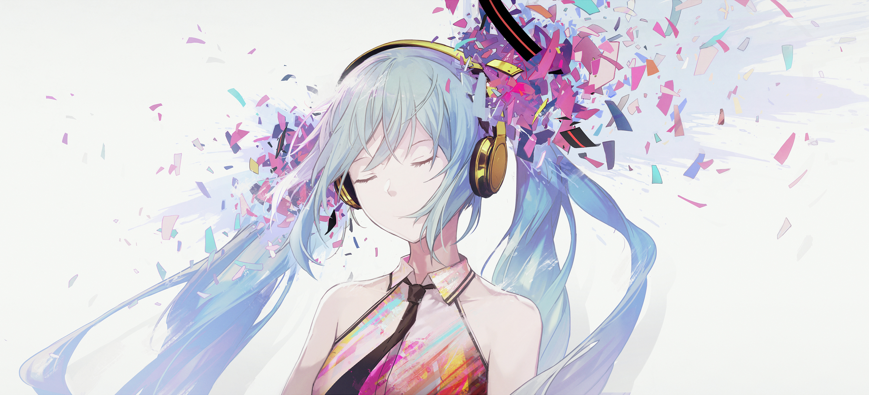 Anime 3000x1364 Hatsune Miku twintails closed eyes digital art headphones Vocaloid