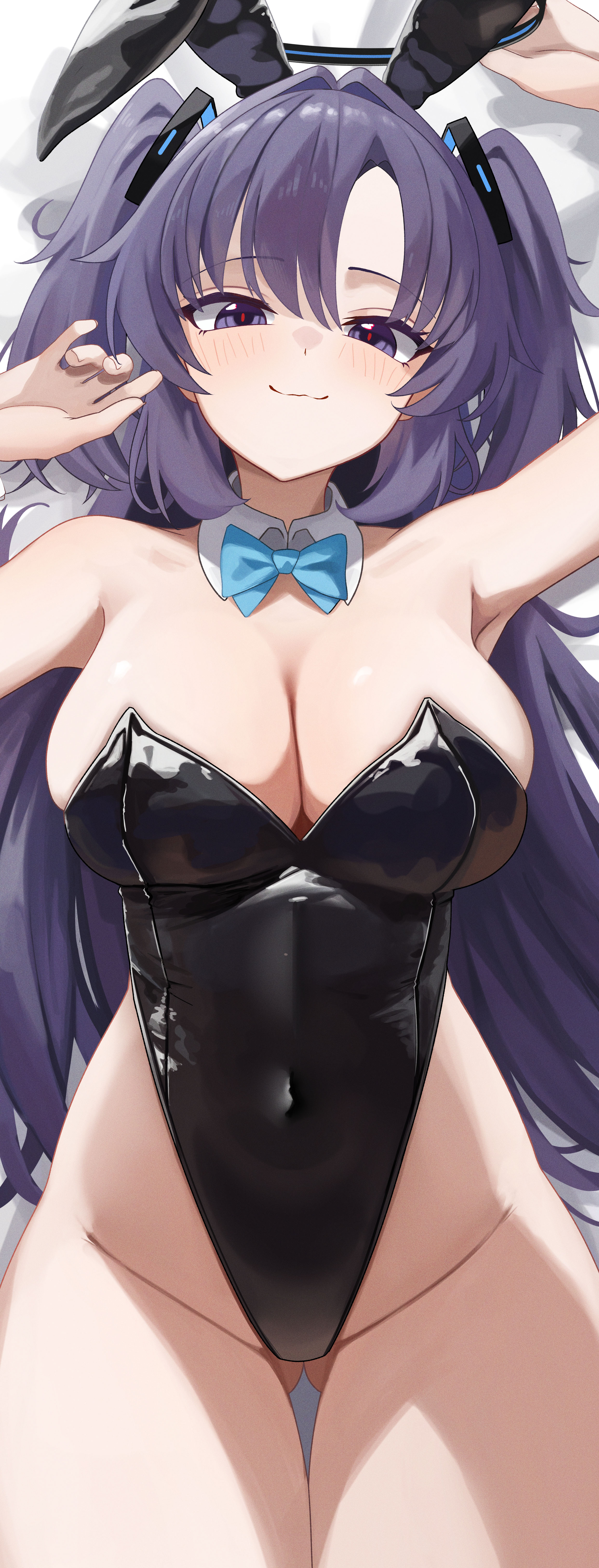 Anime 2485x6509 anime anime girls Blue Archive Hayase Yuuka anime games bunny suit portrait display leotard black leotard bunny ears huge breasts cleavage looking at viewer long hair purple hair purple eyes blushing butt fangs closed mouth smiling skindentation skinny bow tie arms up the gap thighs hips lying down lying on back