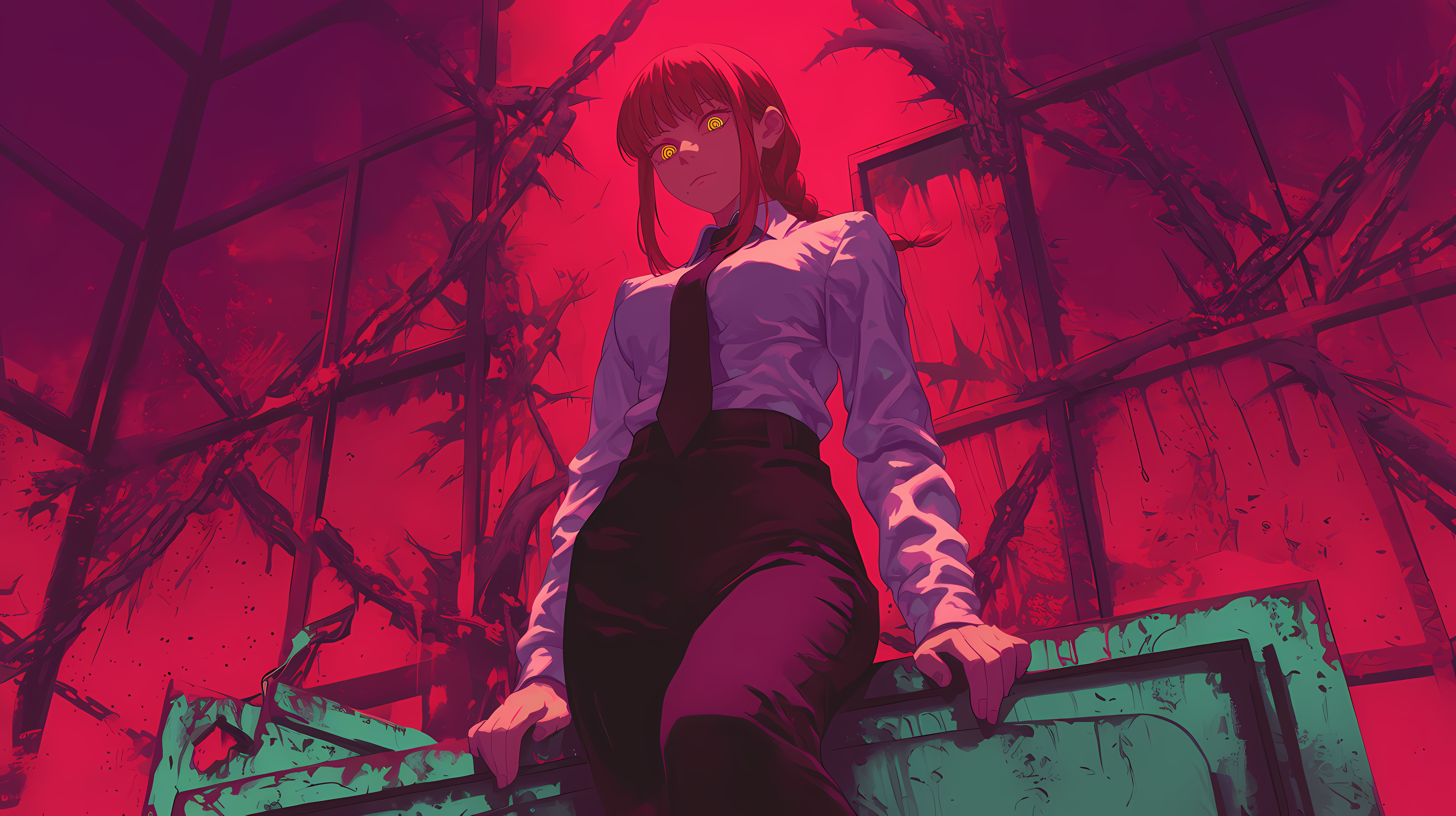 Anime 5824x3264 Makima (Chainsaw Man) Chainsaw Man red office girl anime girls looking at viewer AI art closed mouth ringed eyes long hair long sleeves redhead yellow eyes necktie collared shirt red light looking below low-angle business suit moles mole under mouth smiling ponytail braids