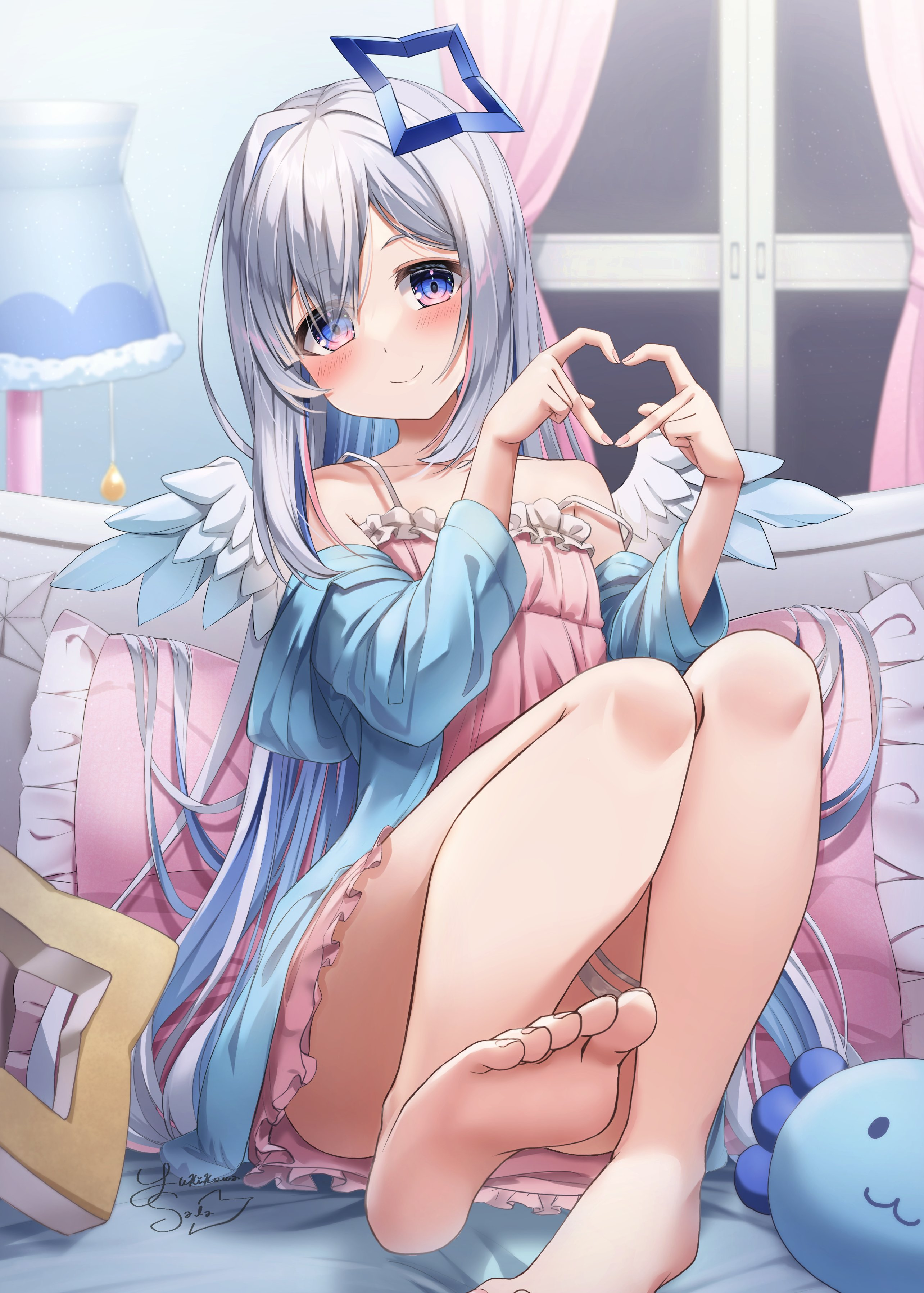 Anime 2568x3590 anime girls Virtual Youtuber Hololive Amane Kanata feet portrait display blue eyes anime girl with wings loli