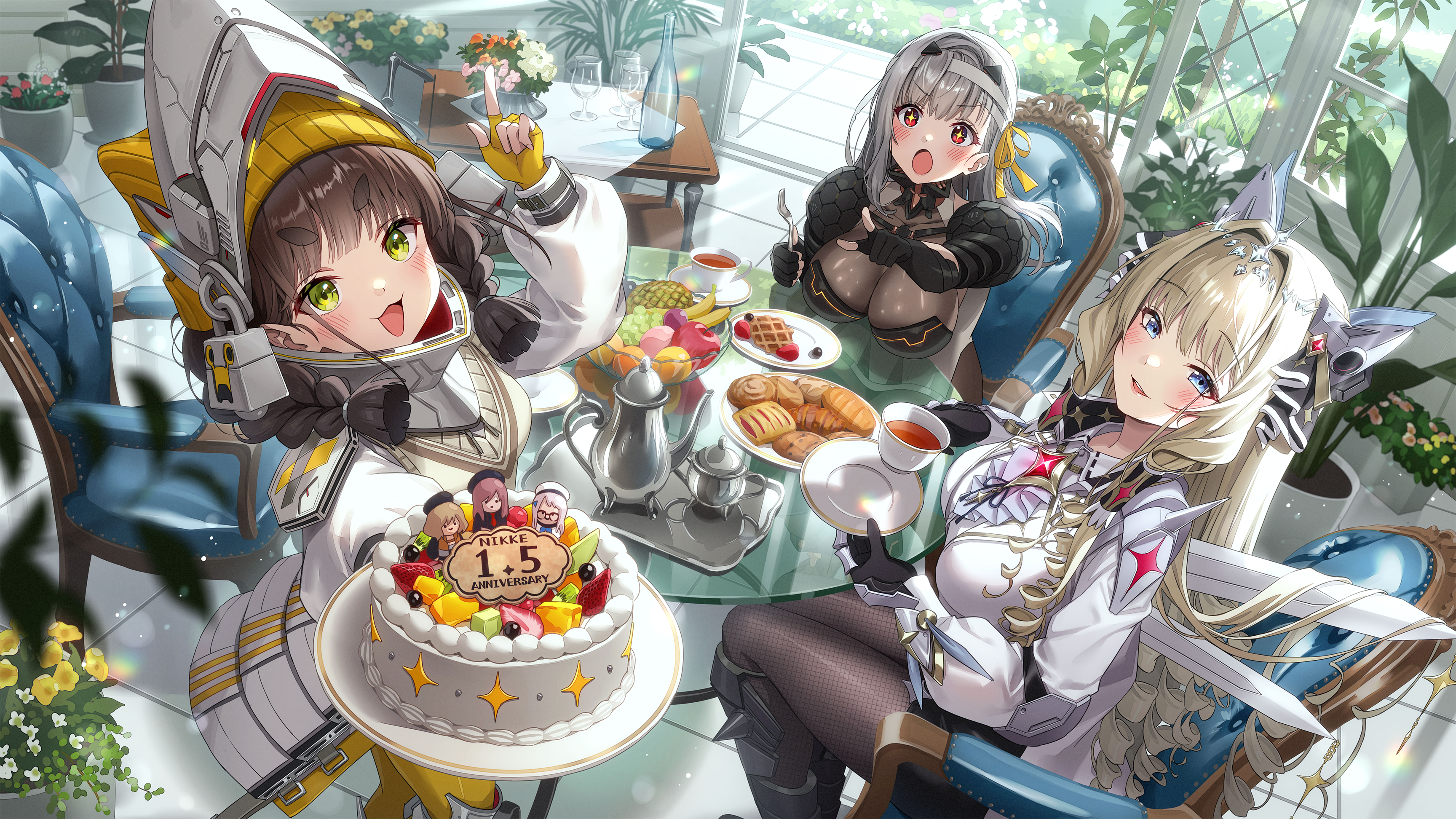 Anime 3456x1944 Nikke: The Goddess of Victory Chime (Nikke) blushing Crown (Nikke) long hair Modernia (Nikke: The Goddess of Victory) group of women pastries women trio anniversary big boobs open mouth finger pointing flowers pantyhose long sleeves looking at viewer cake food fruit plants Sonsoso hair ornament fork plates table tea drink sitting Pixiv