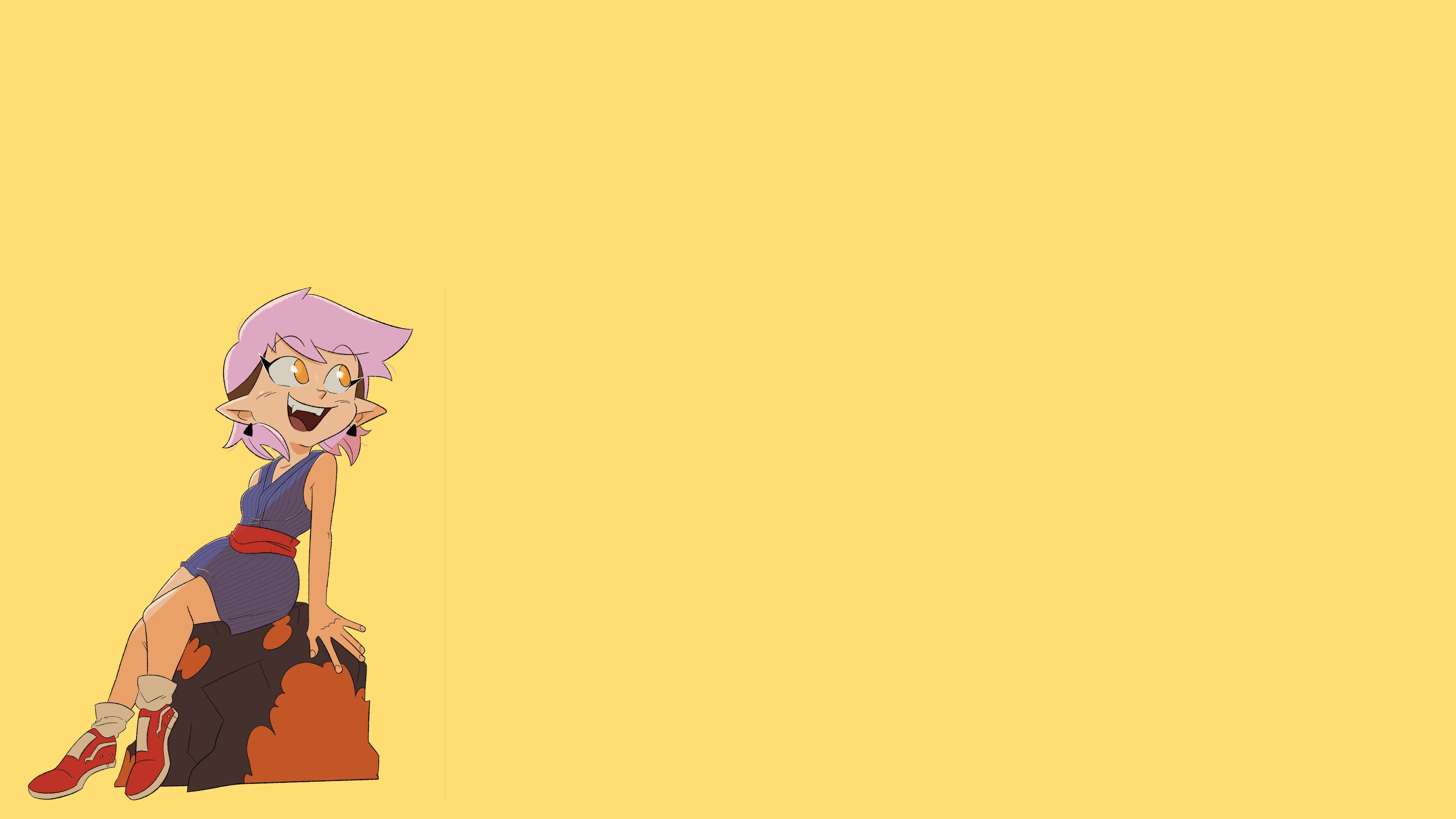 Anime 7680x4320 short hair bangs blunt bangs simple background Disney sitting The Owl House Amity Blight purple hair dyed hair cartoon dress purple dress red shoes sneakers socks pointy ears rocks open mouth fangs yellow eyes tongues yellow background
