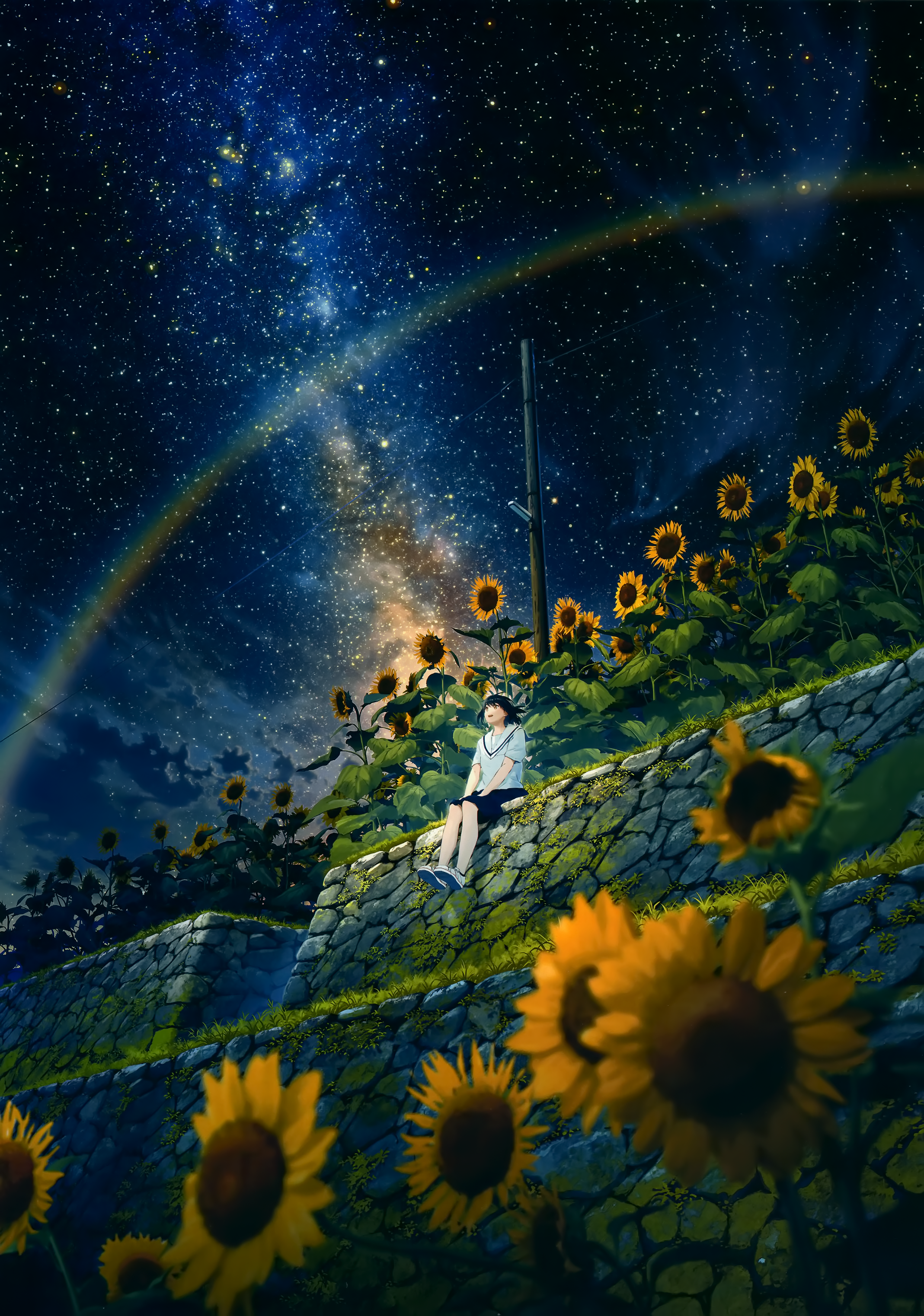 Anime 2137x3045 Mocha sky stars night sitting leaves sunflowers looking away looking up starry night starred sky Milky Way landscape grass