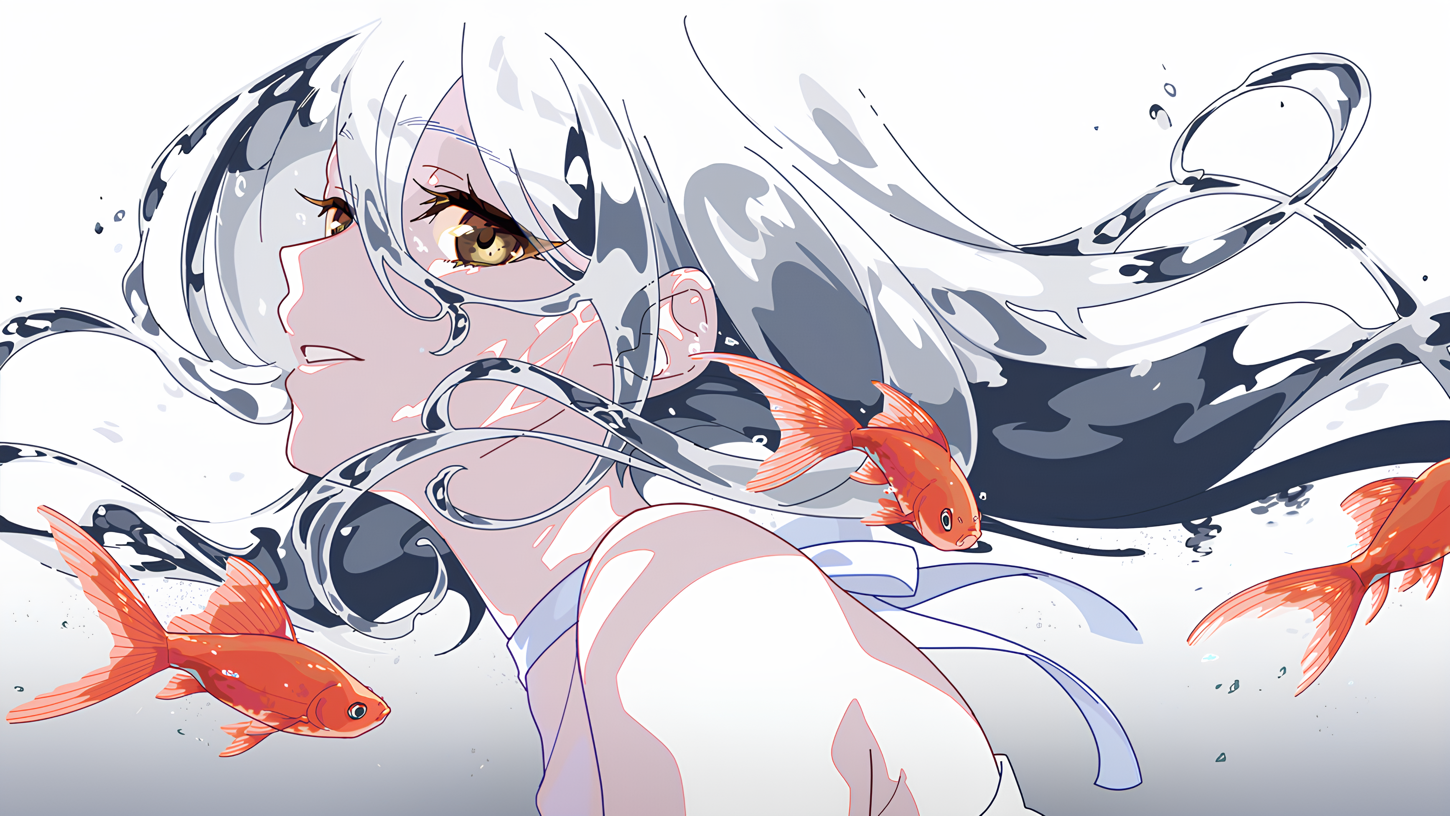 Anime 4976x2800 anime girls goldfish water illustration digital art Pixiv silver hair artwork